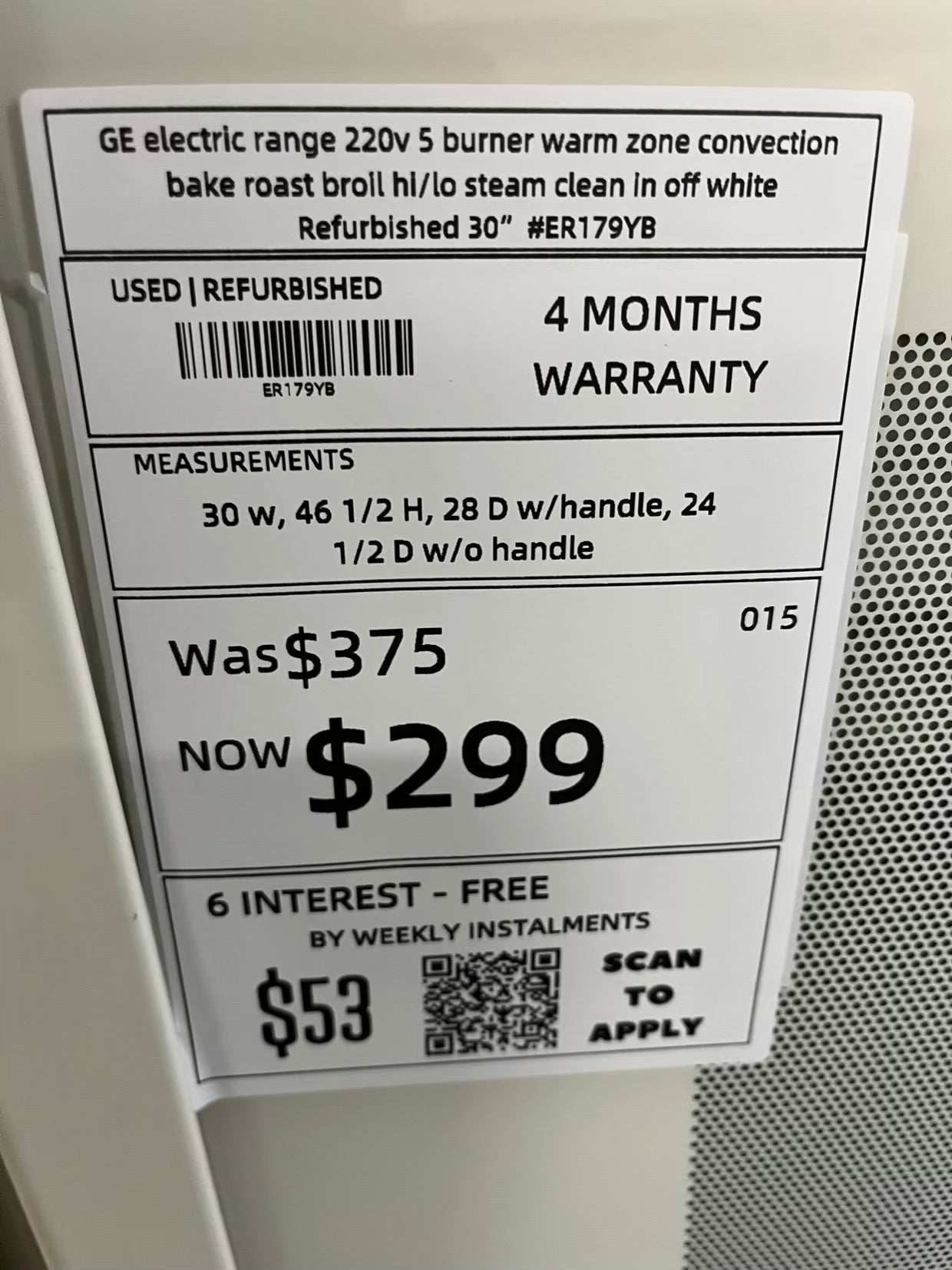 GE electric range 220v 5 burner warm zone convection bake roast broil hi/lo steam clean in off white Refurbished 30" #ER179YB