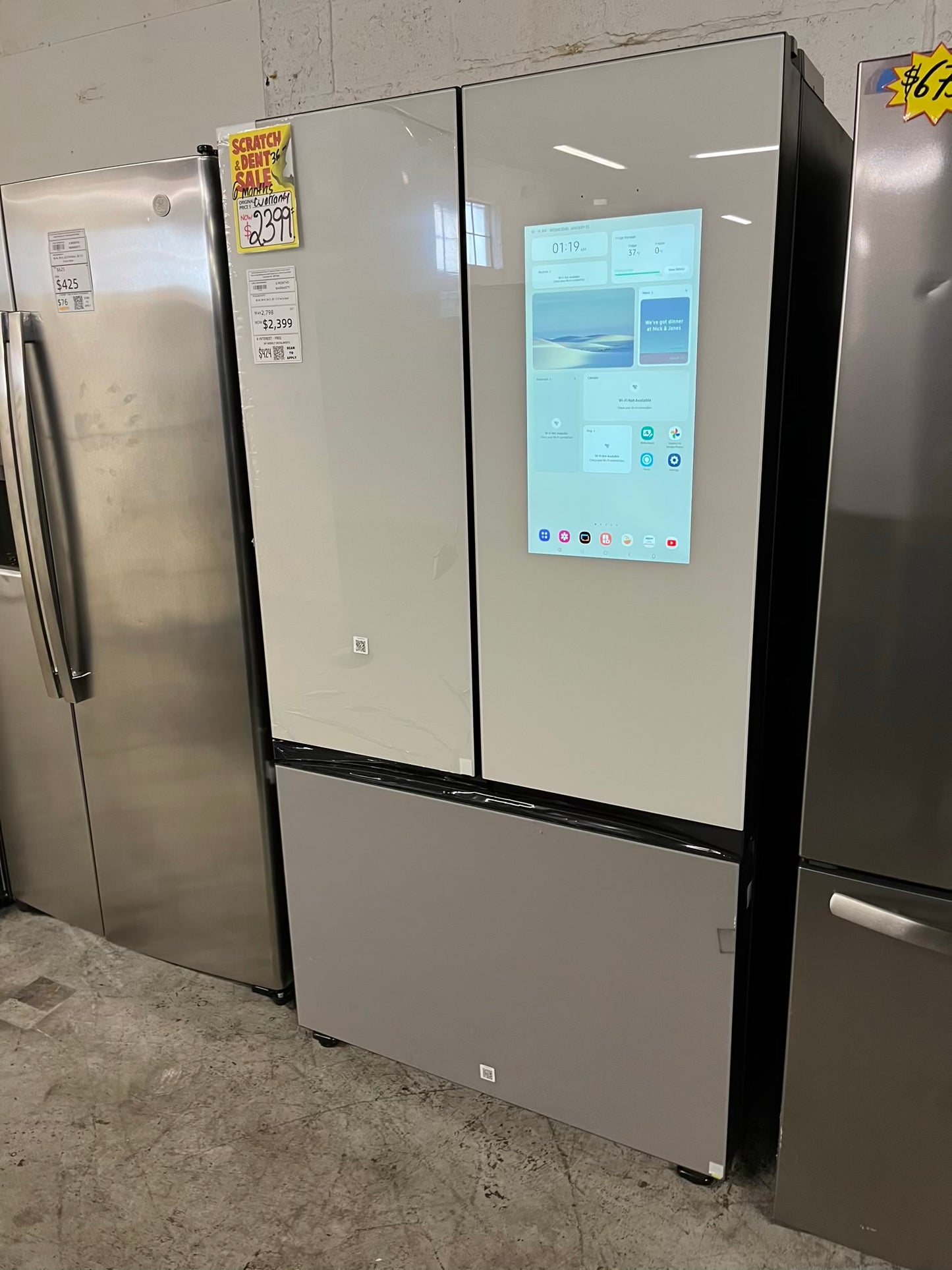 Open Box | Scratch & Dent - Samsung Bespoke 30 cu. ft. Standard Depth 3-Door French Door Smart Refrigerator with Family Hub in White Glass/Matt Grey Glass 36" #RF730JB-TR