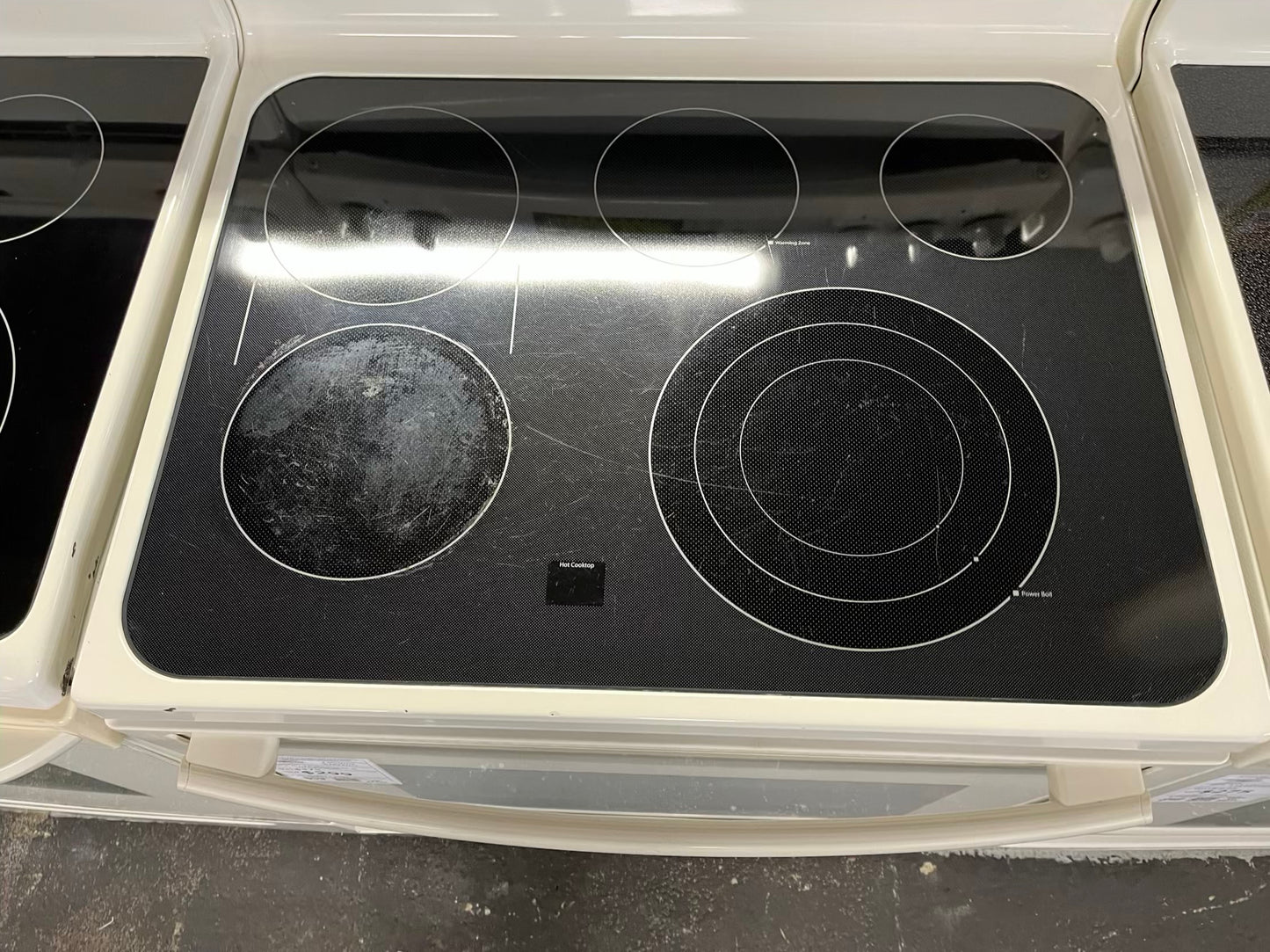 GE electric range 220v 5 burner warm zone convection bake roast broil hi/lo steam clean in off white Refurbished 30" #ER179YB