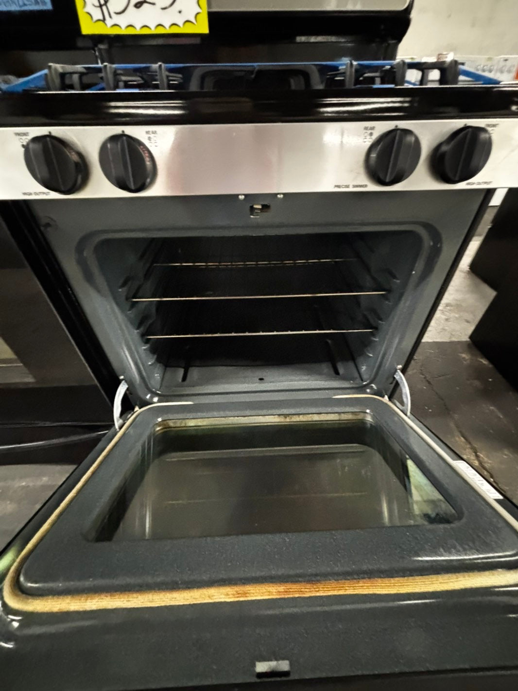 GE Gas range 4 burner bake broil hi/lo self clean in stainless steel & back used- Refurbished 30" #GRB43B