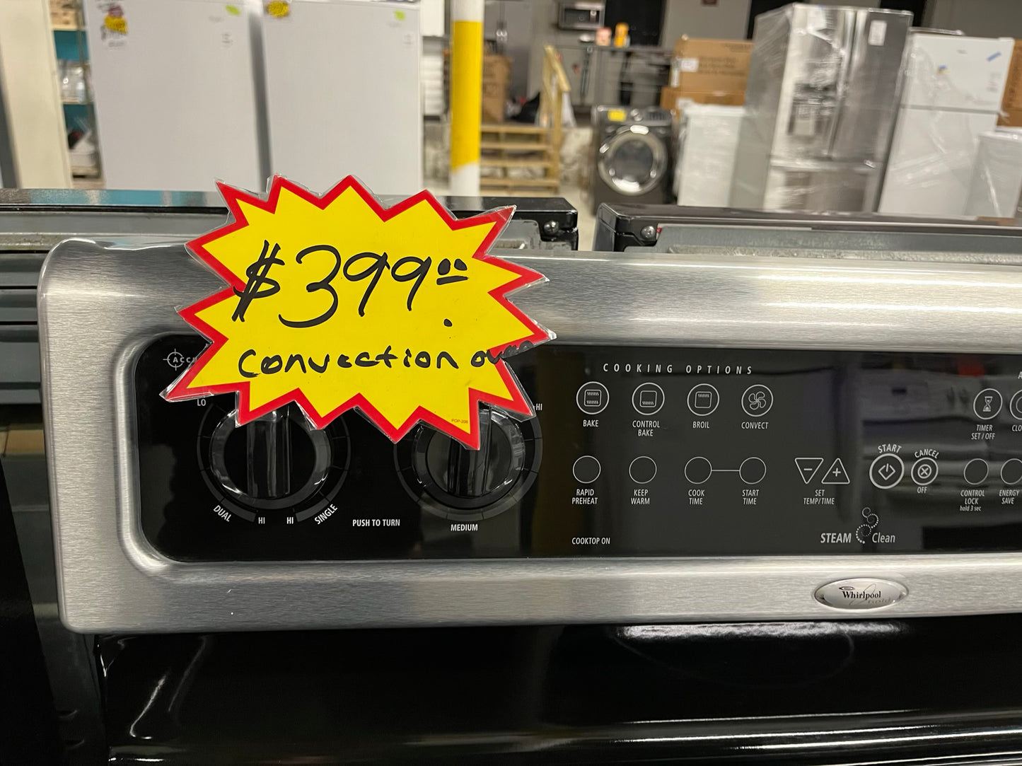 Whirlpool Glass top electric 220v range 5 burner warm zone convection bake broil steam clean stainless steel 30" Refurbished #ER748KB