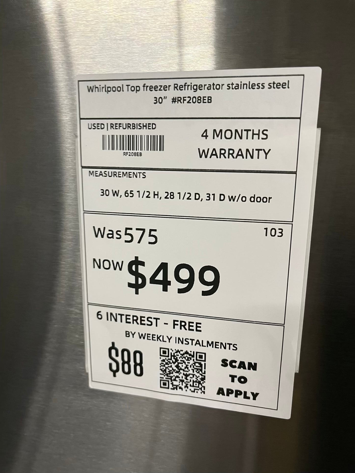 - Whirlpool Top freezer Refrigerator stainless steel 30" #RF208EB