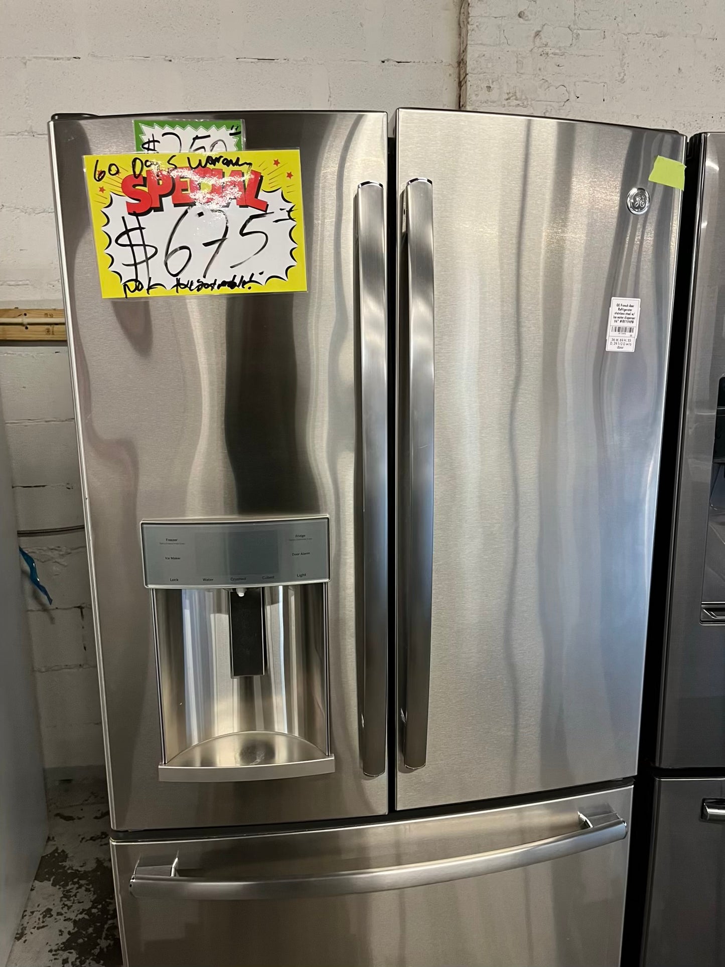 - GE French door Refrigerator stainless steel w/ ice water dispenser 36" #RF739PB