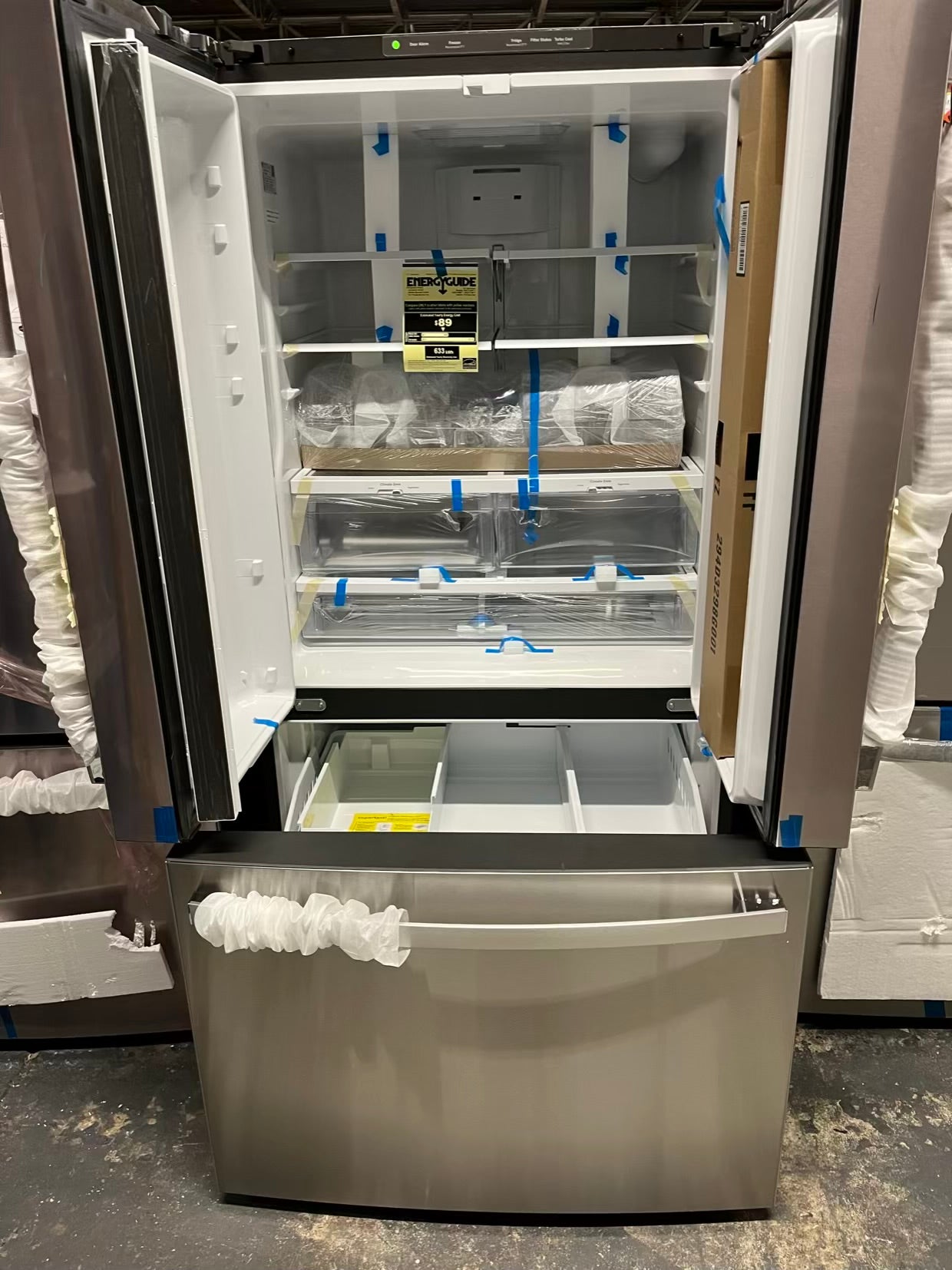 Open Box GE French door refrigerator stainless steel w/water dispenser inside & ice maker 36" #RF494EB