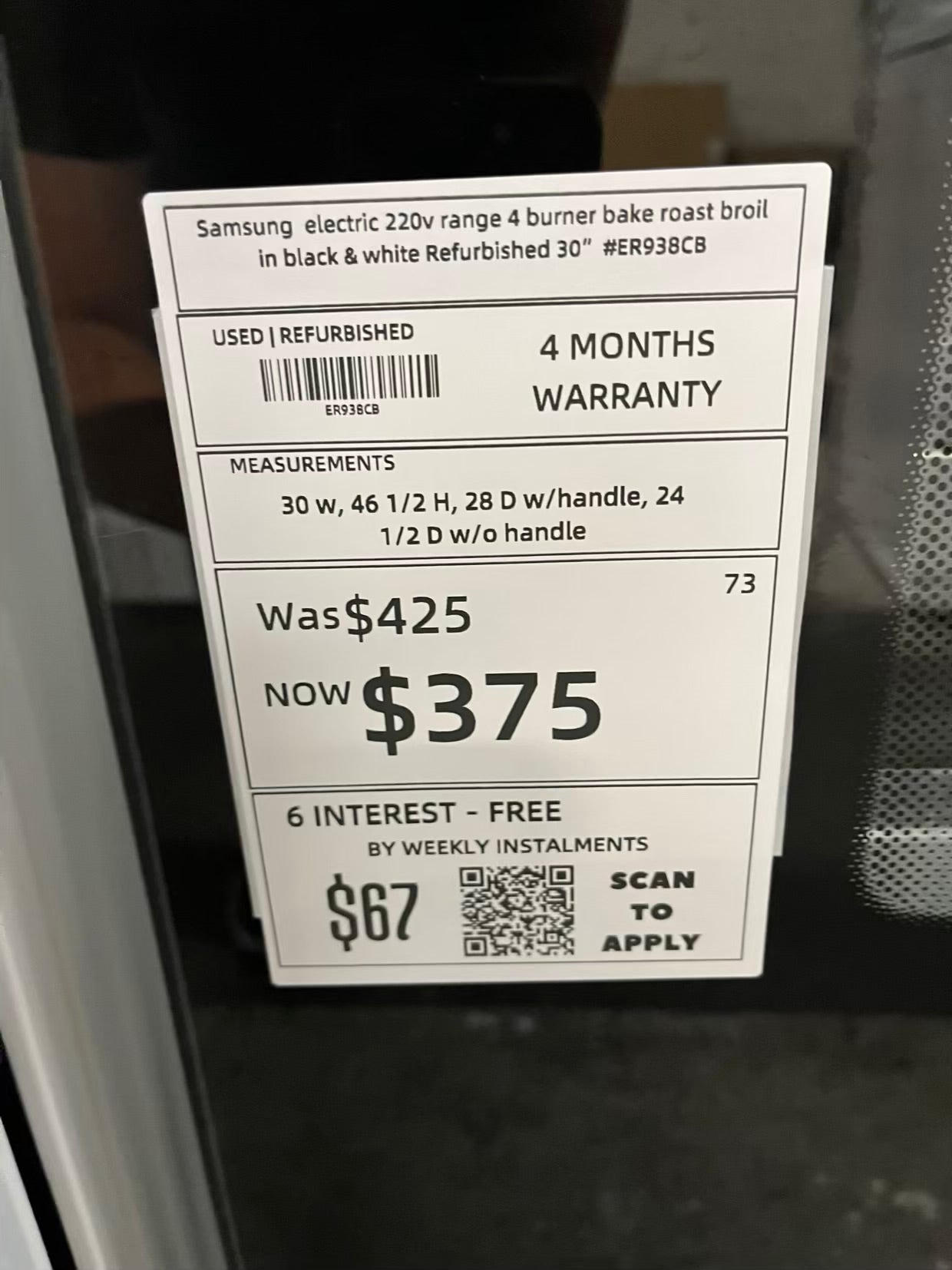 Samsung electric 220v range 4 burner bake roast broil in black & white Refurbished 30" #ER938CB