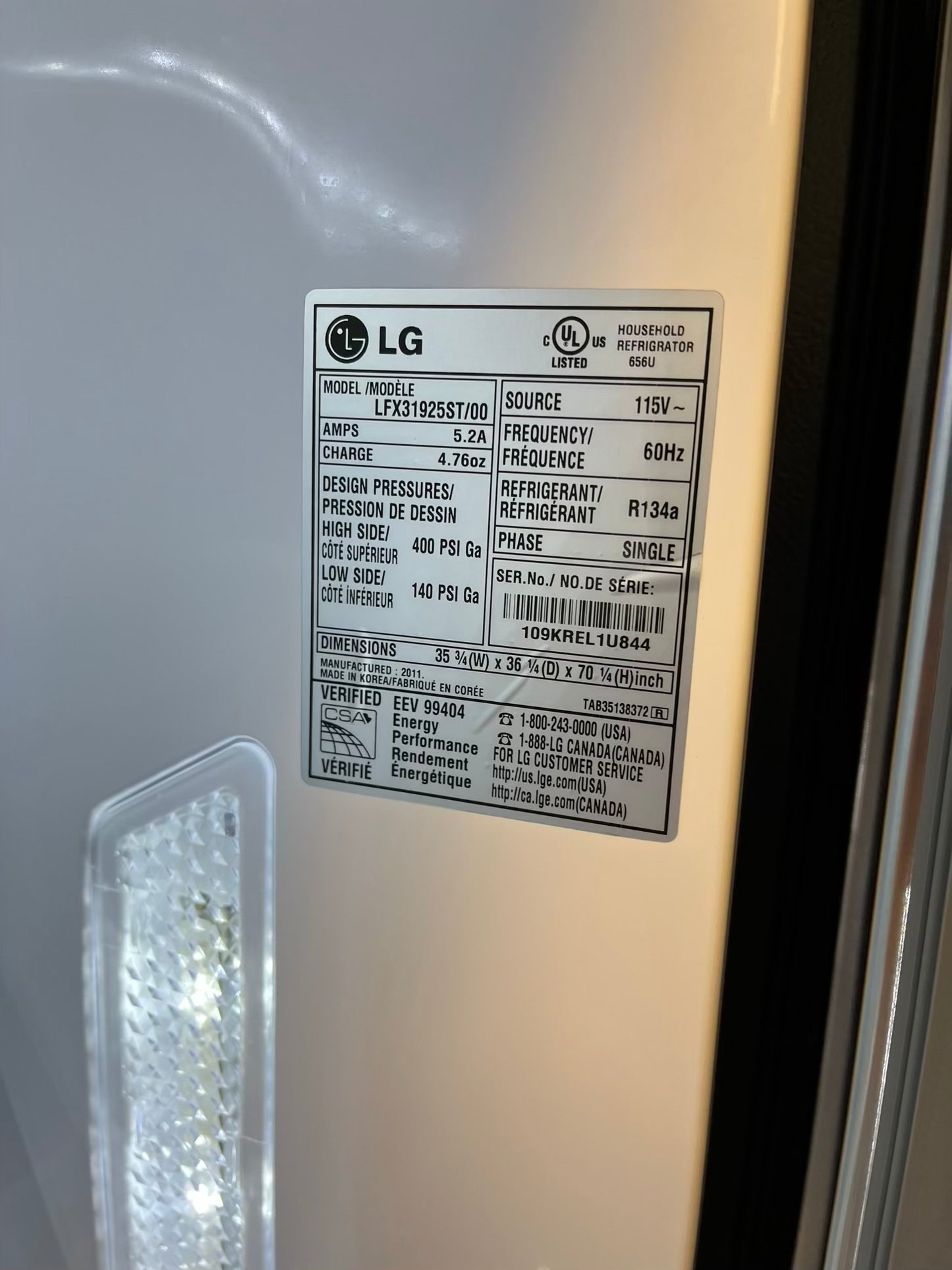 Used | Refurbished LG french door refrigerator stainless steel w/ice water dispenser 36" #RF504DL