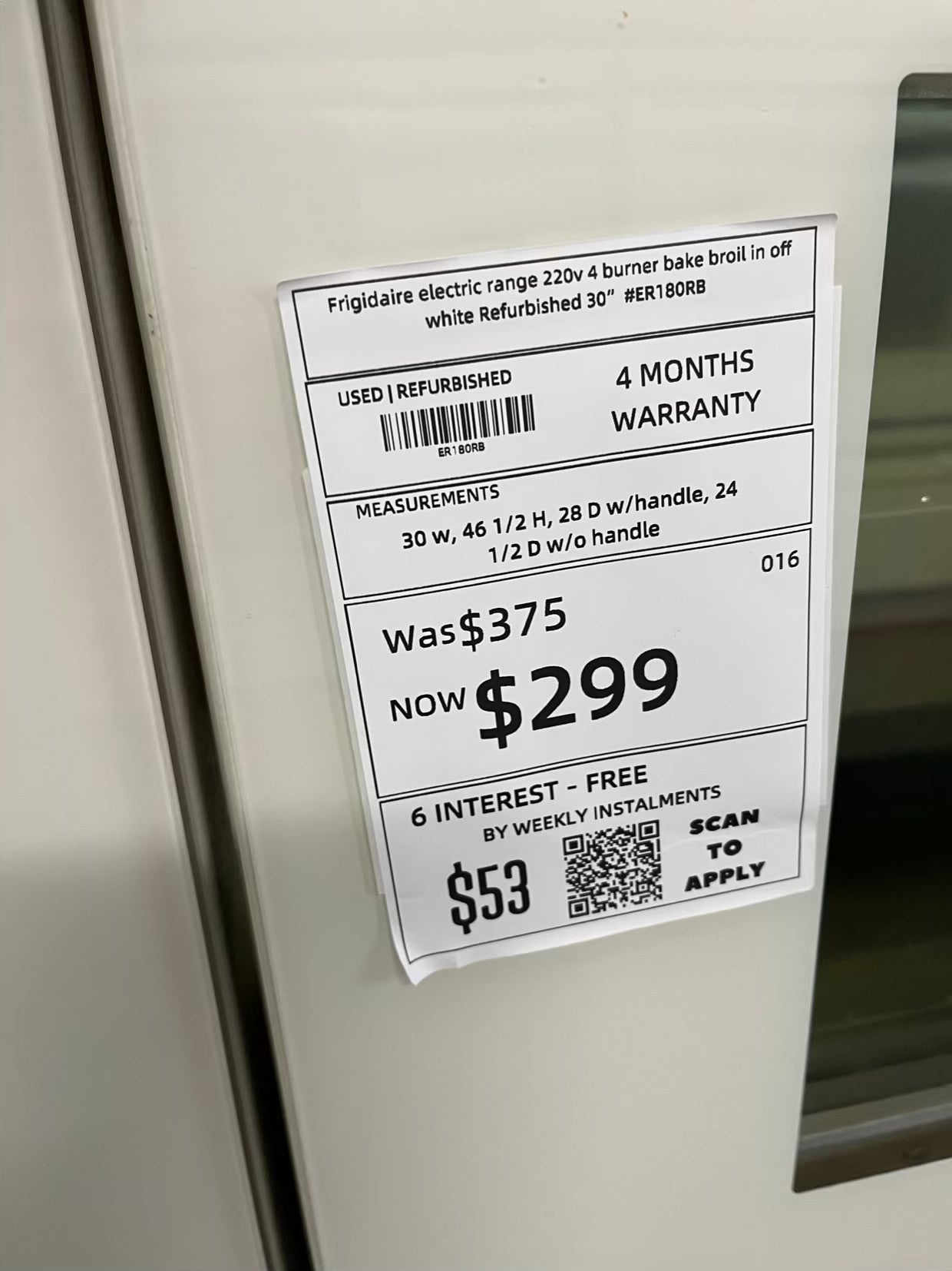 Frigidaire electric range 220v 4 burner bake broil in off white Refurbished 30" #ER180RB