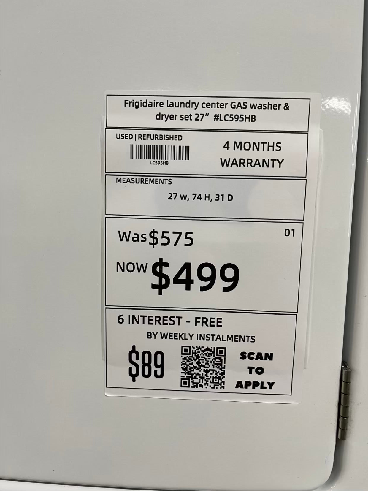 Frigidaire laundry center GAS washer & dryer set 27" #LC595HB