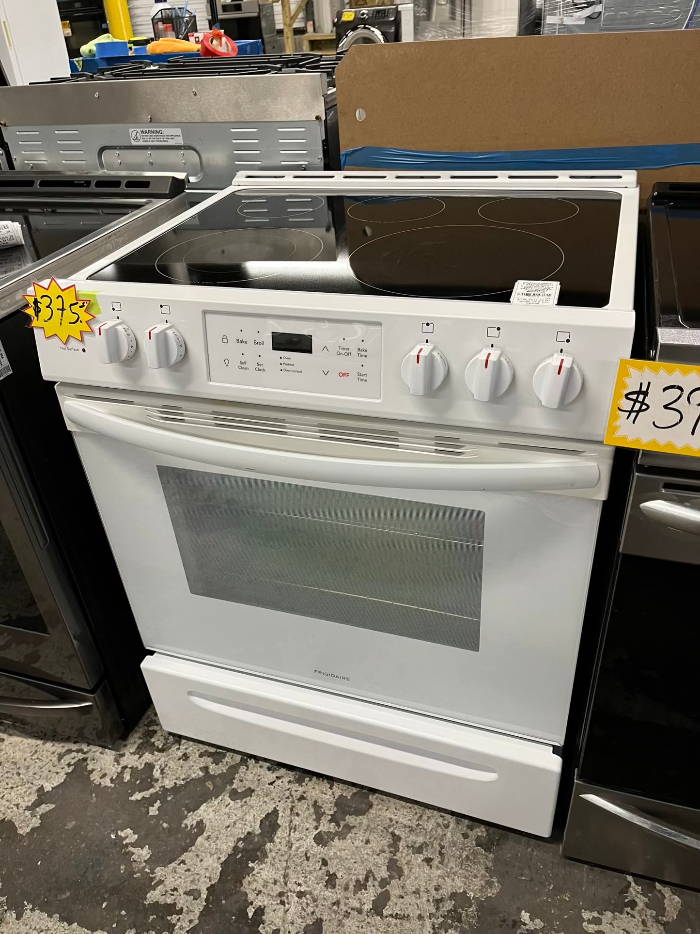 -Frigidaire slide in Glass top electric 220v range 5 burner warm zone bake broil self clean in white 30" Refurbished #ER749JB-TR