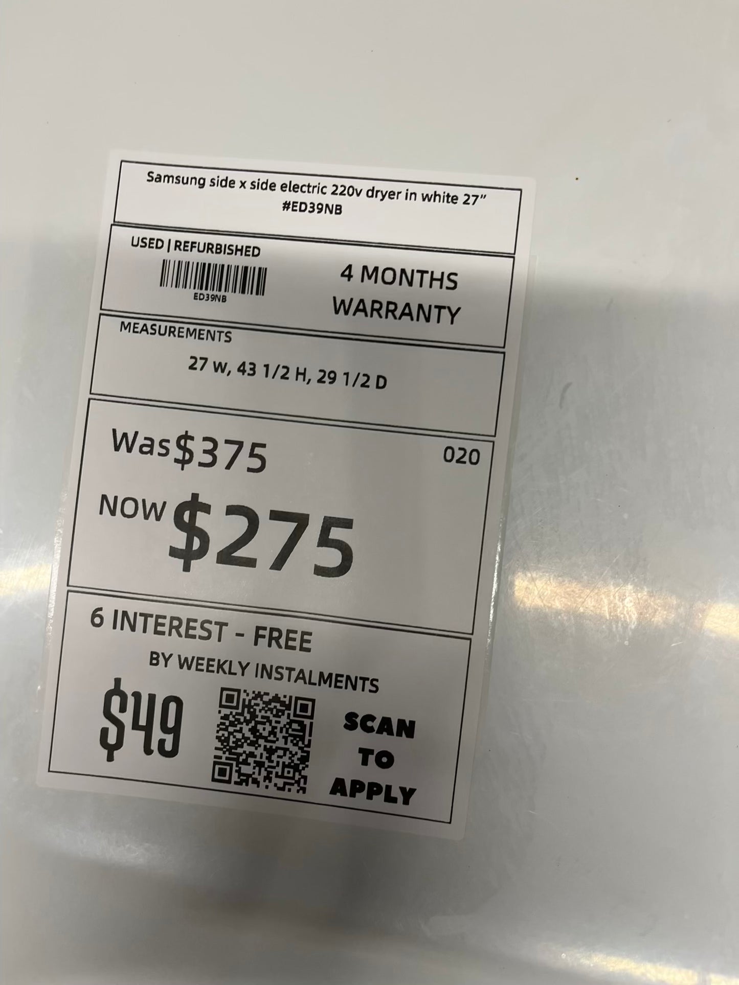 Samsung dryer side by side electric 220v large capacity 27" in Refurbished #ED785PB