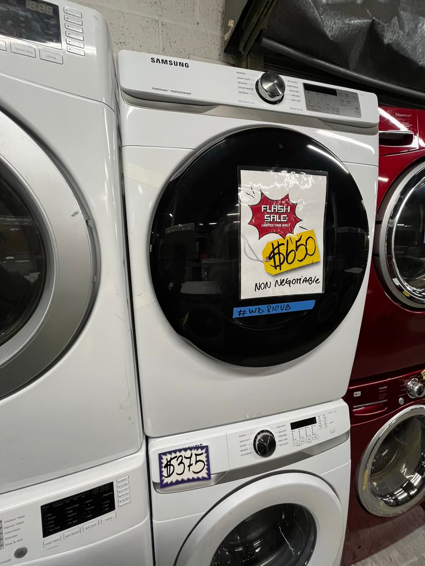 Samsung washer 4.5 cu ft & dryer 7.5 cu ft set electric 220v front load stackable or side by side -sensor dry He in white #WD810VB
