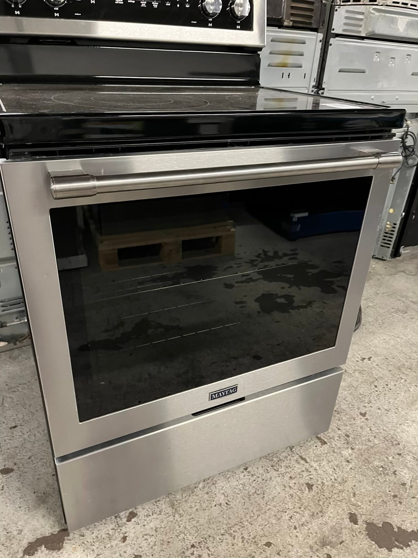 -Maytag glass top electric range 220v 5 burner warm zone convection bake roast broil self clean Refurbished stainless steel 30" #ER338NB