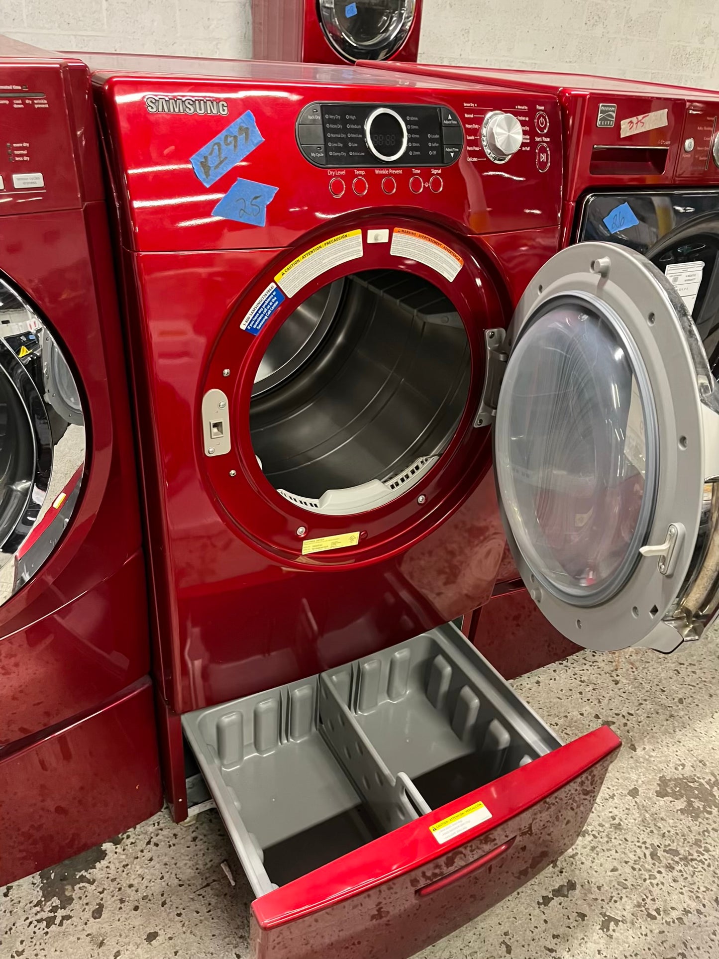 Samsung Dryer electric 220v in red front load w/pedestal extra storage stainless steel drum large capacity 27" refurbished #ED343SB