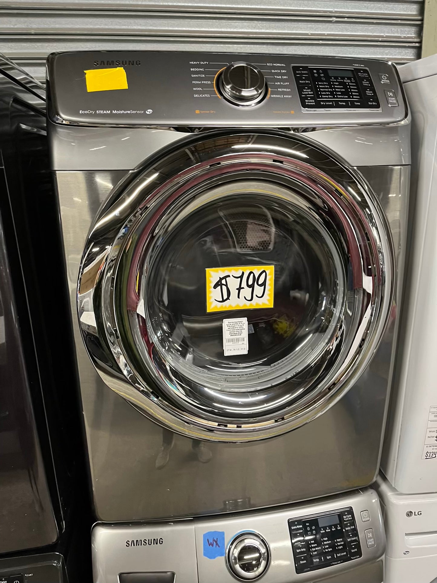 Samsung steam cycle washer 4.5 cu ft & dryer 7.5 cu ft set electric 220v front load stackable sensor dry He stainless steel #WD853UB