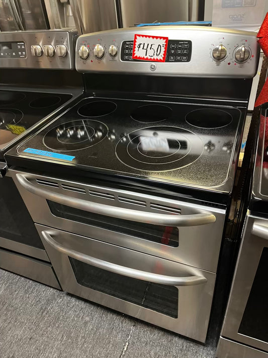 GE electric 220v glass top double oven range 5 burner Refurbished bake Broil self clean stainless steel 30" #ER1034L