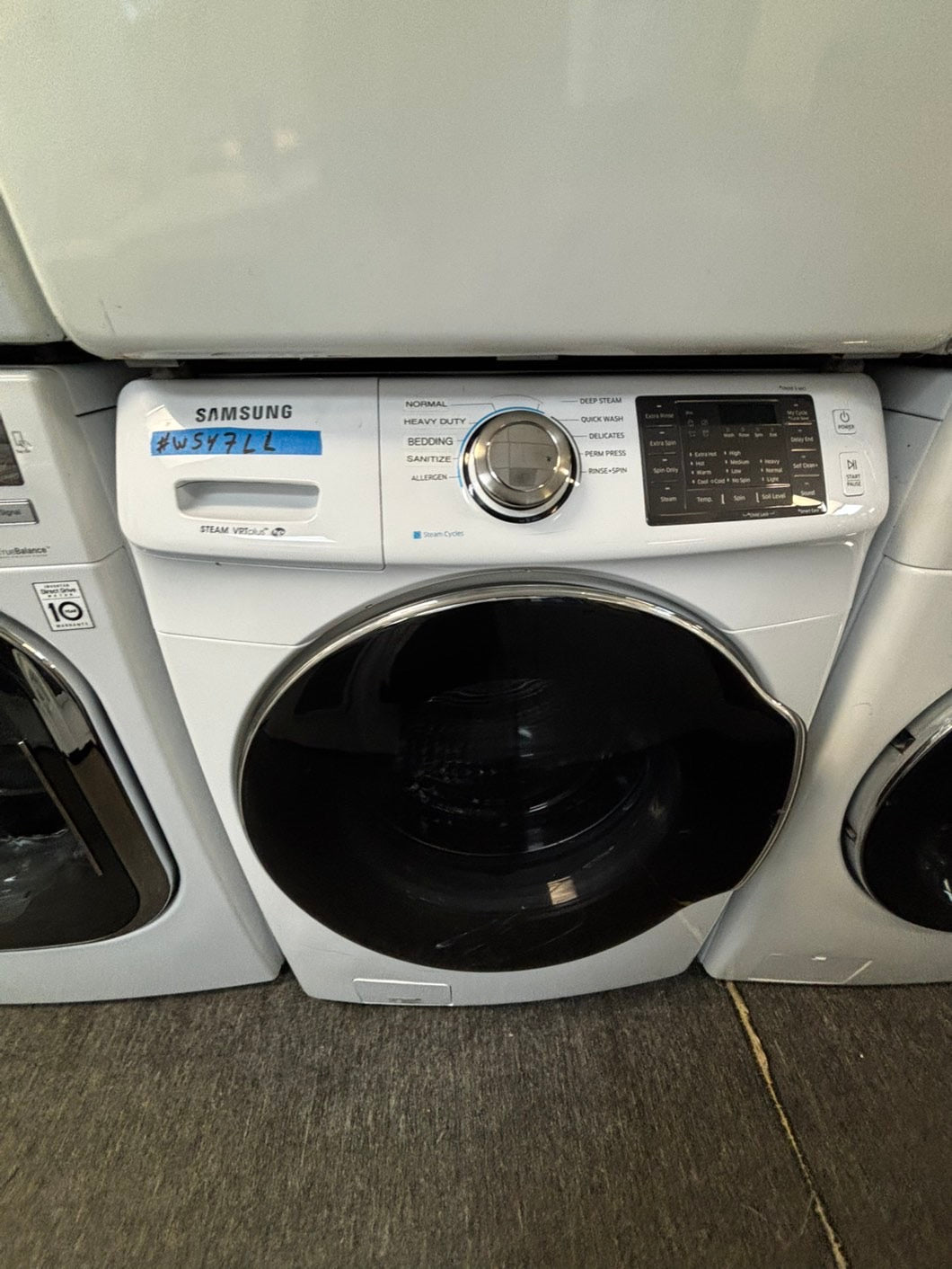 -Samsung steam washer 4.5 cu ft & steam dryer 7.5 cu ft set electric 220v front load stackable or side by side -sensor dry He in dark white  #WST547LL