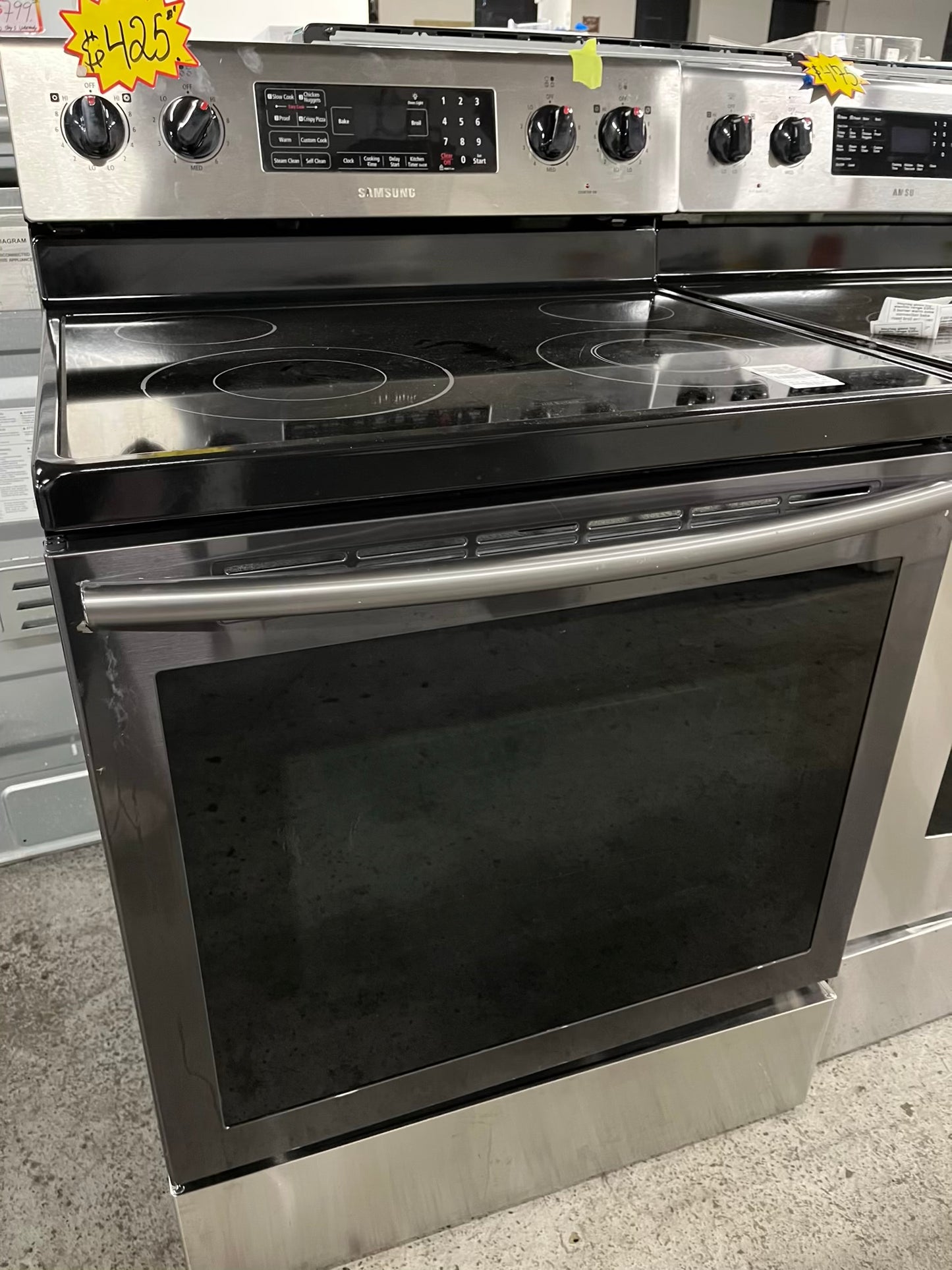 - Samsung glass top electric range 220v 4 burner bake broil fast boil steam clean Refurbished stainless steel 30" #ER318SB