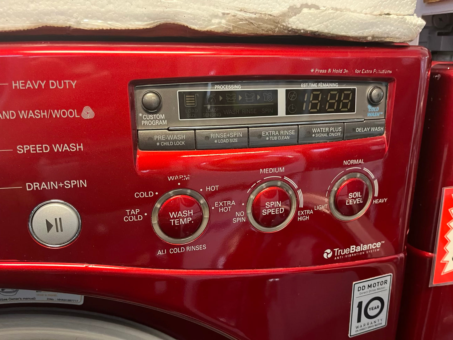 - LG front load washer & dryer set electric 220v large capacity w/pedestal extra storage in red 27” #WD783NL