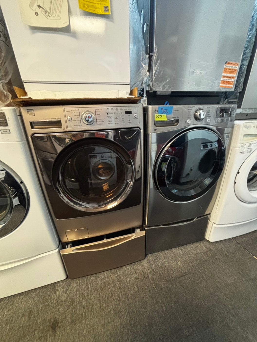 Mix & match set Kenmore washer & LG dryer gas set front load stackable or side by side large capacity stalnless steel drum w/pedestal extra storage 27" Refurbished #WDMX23L