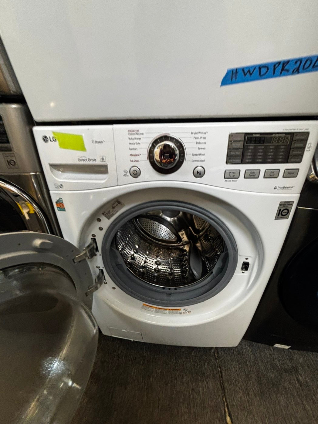 Used-Refurbished LG 27-inch wide, 4.5 cu. ft. capacity front-load washer with steam technology for cleaning and wrinkle removal. Key features include 12 wash cycles, a 1300 RPM max spin speed, NeveRust™ stainless steel drum. #FW4566L