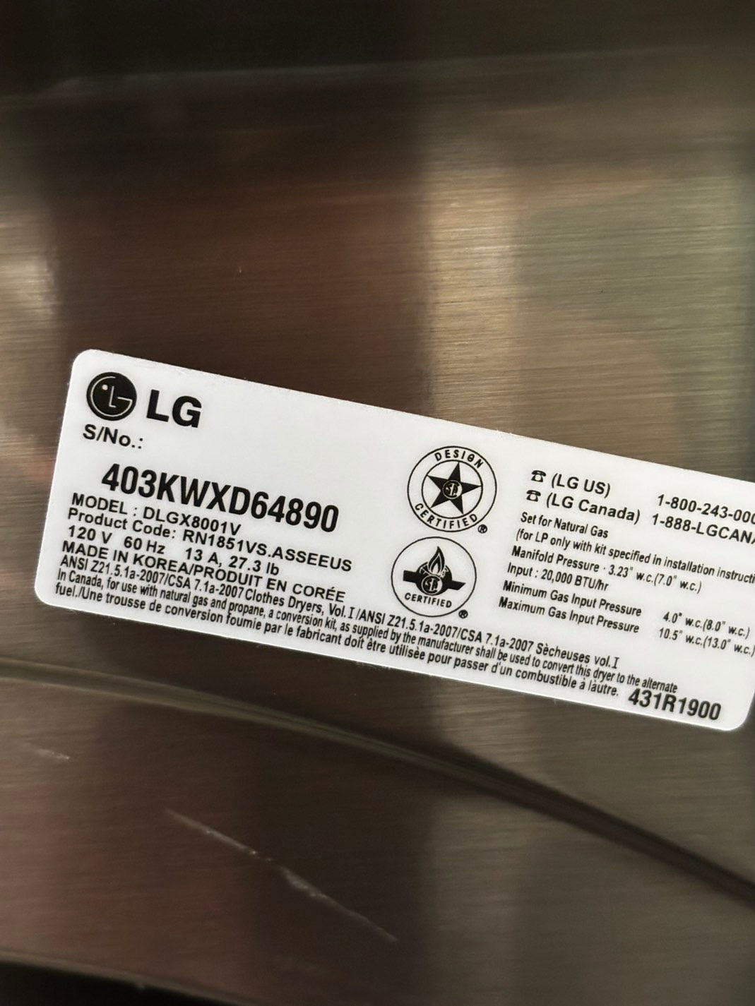 LG gas steam Dryer 29” mega capacity -gray front load w/pedestal extra storage stainless steel drum large capacity used- refurbished #GD339WB