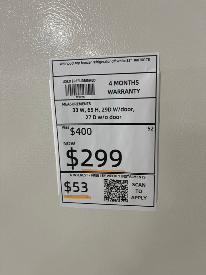 - whirlpool top freezer refrigerator off white used refurbished 33’ #RF901TB