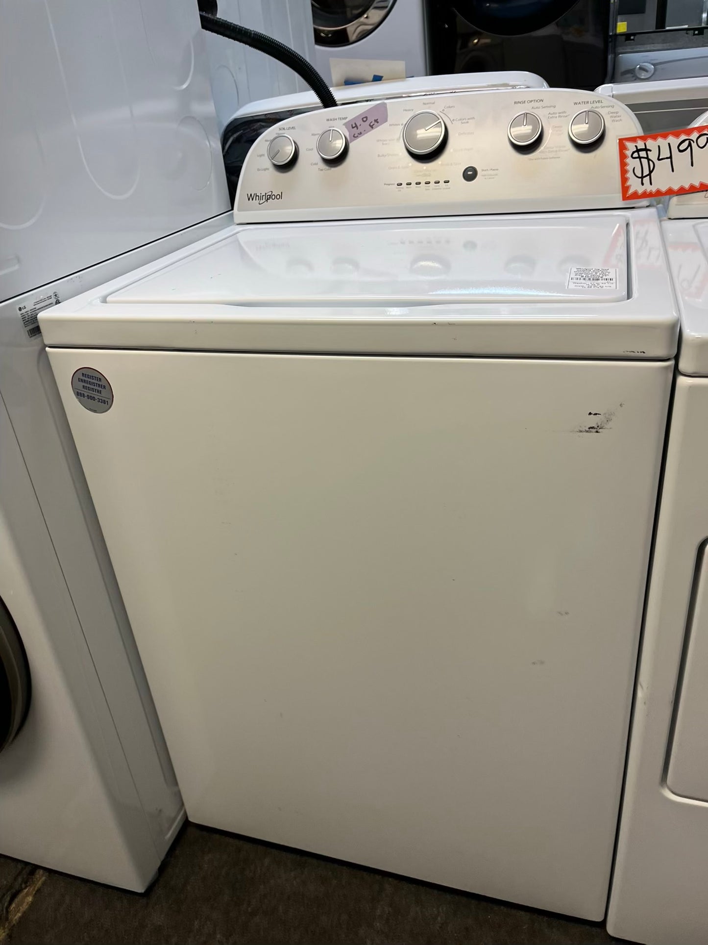 - Whirlpool top load washing machine 4.0 cu ft stainless steel drum w/agitator & side x side electric 220v dryer in white 29" #ED500PB-TR