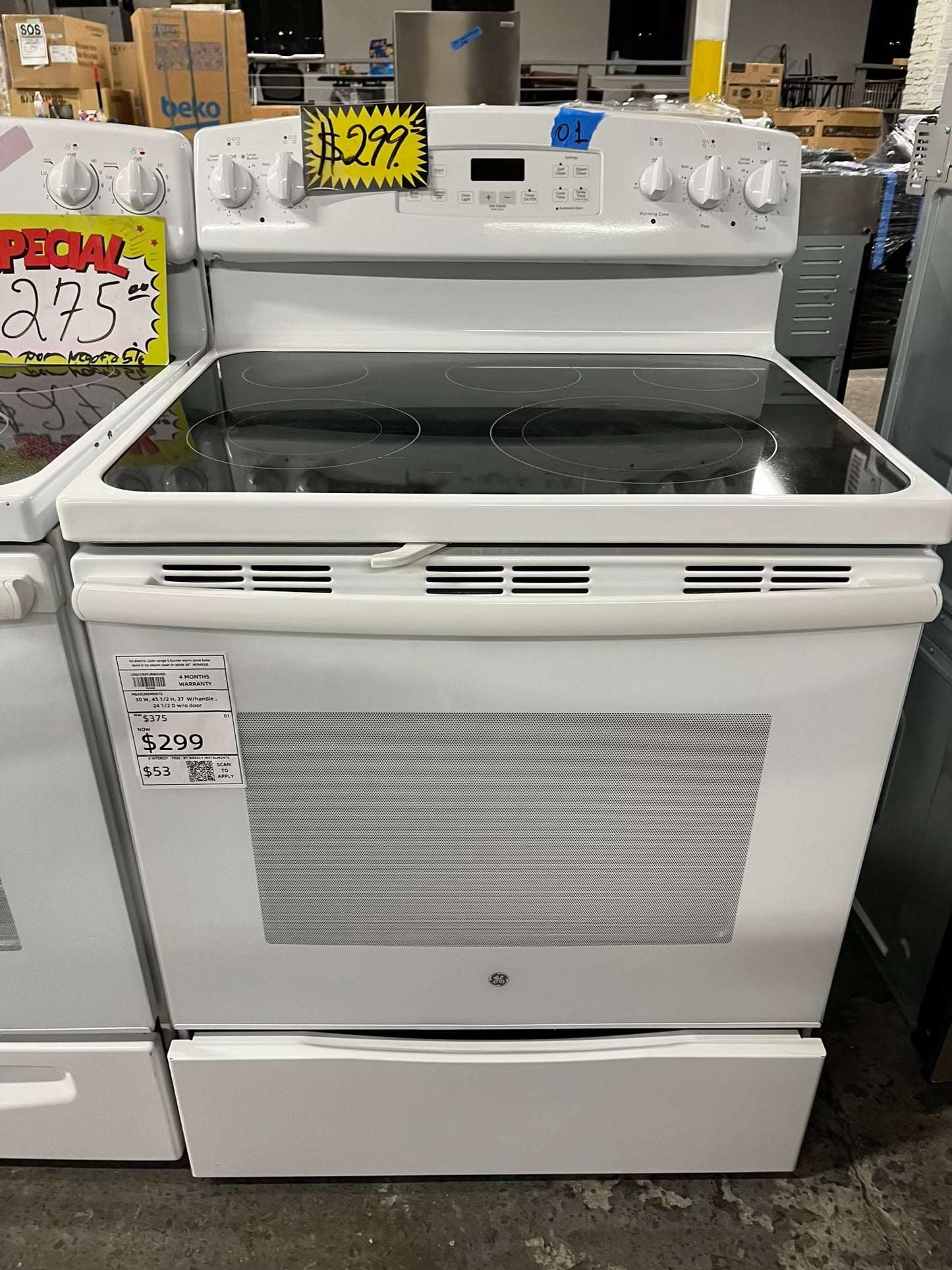 GE electric 220v range 5 burner warm zone bake broil hi/lo steam clean in white 30" #ER483JB Refurbished
