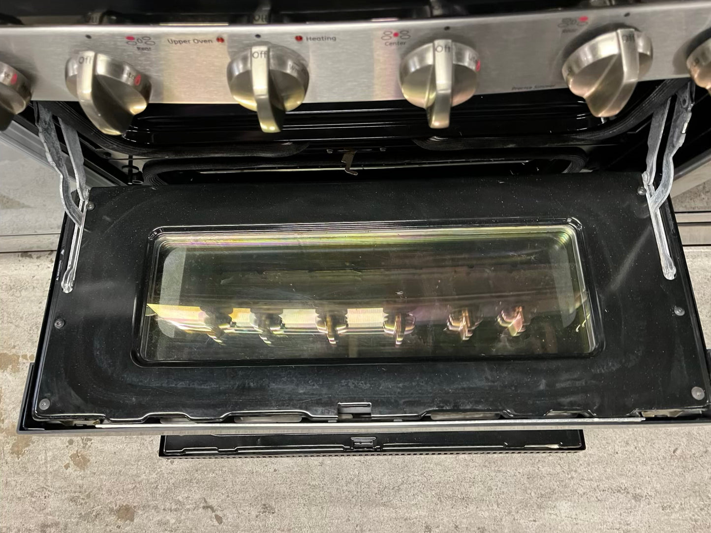 - GE gas range 5 burner double oven convection bake broil stainless steel self clean Refurbished 30" #GR208FB