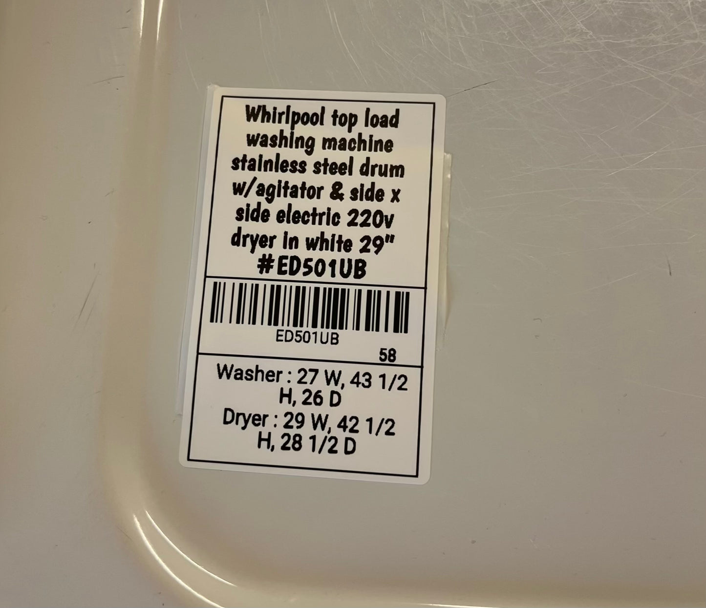 Whirlpool top load washing machine stainless steel drum w/agitator & side x side electric 220v dryer in white 29" #ED501UB