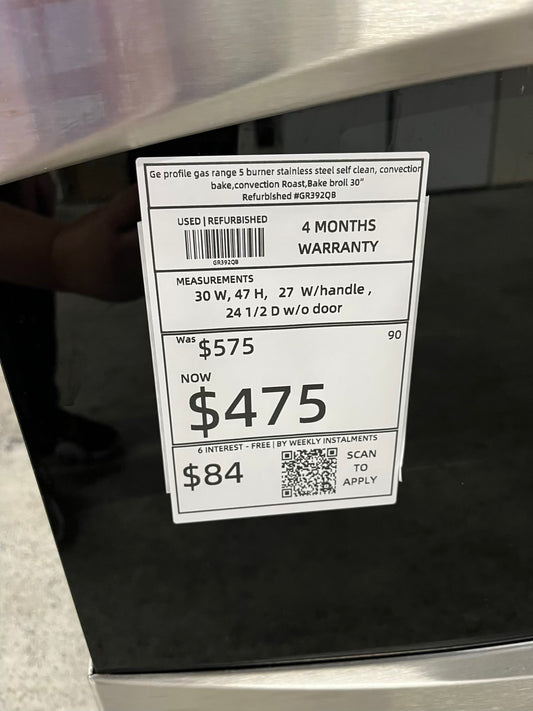 Ge profile gas range 5 burner stainless steel self clean, convection bake,convection Roast, Bake broil 30" Refurbished #GR392QB