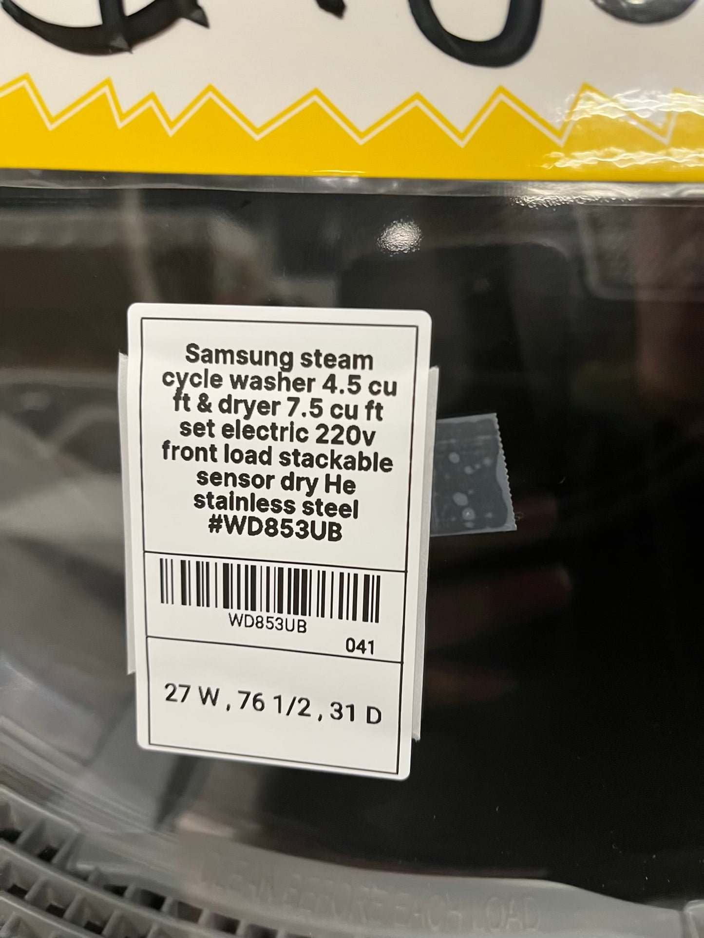 Samsung steam cycle washer 4.5 cu ft & dryer 7.5 cu ft set electric 220v front load stackable sensor dry He stainless steel #WD853UB