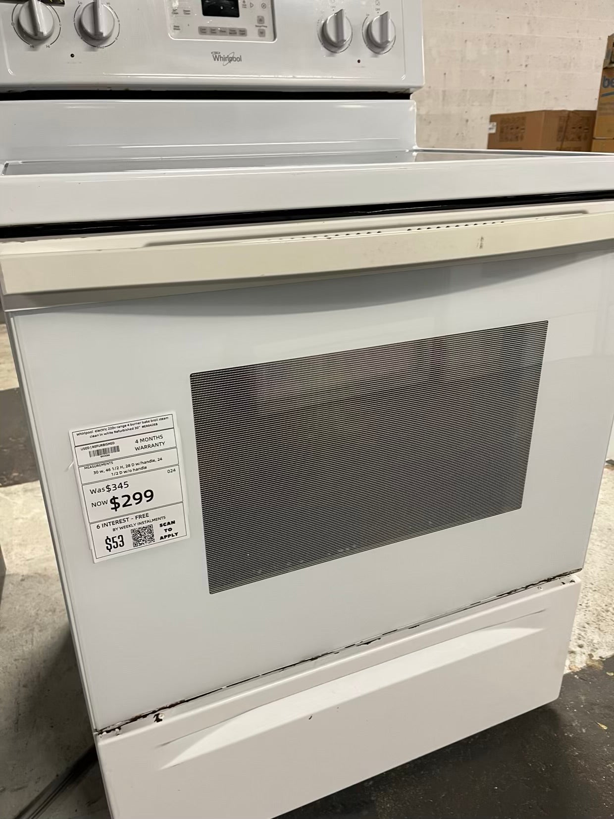 Whirlpool electric 220v range 4 burner bake broil steam clean in white Refurbished 30" #ER942EB