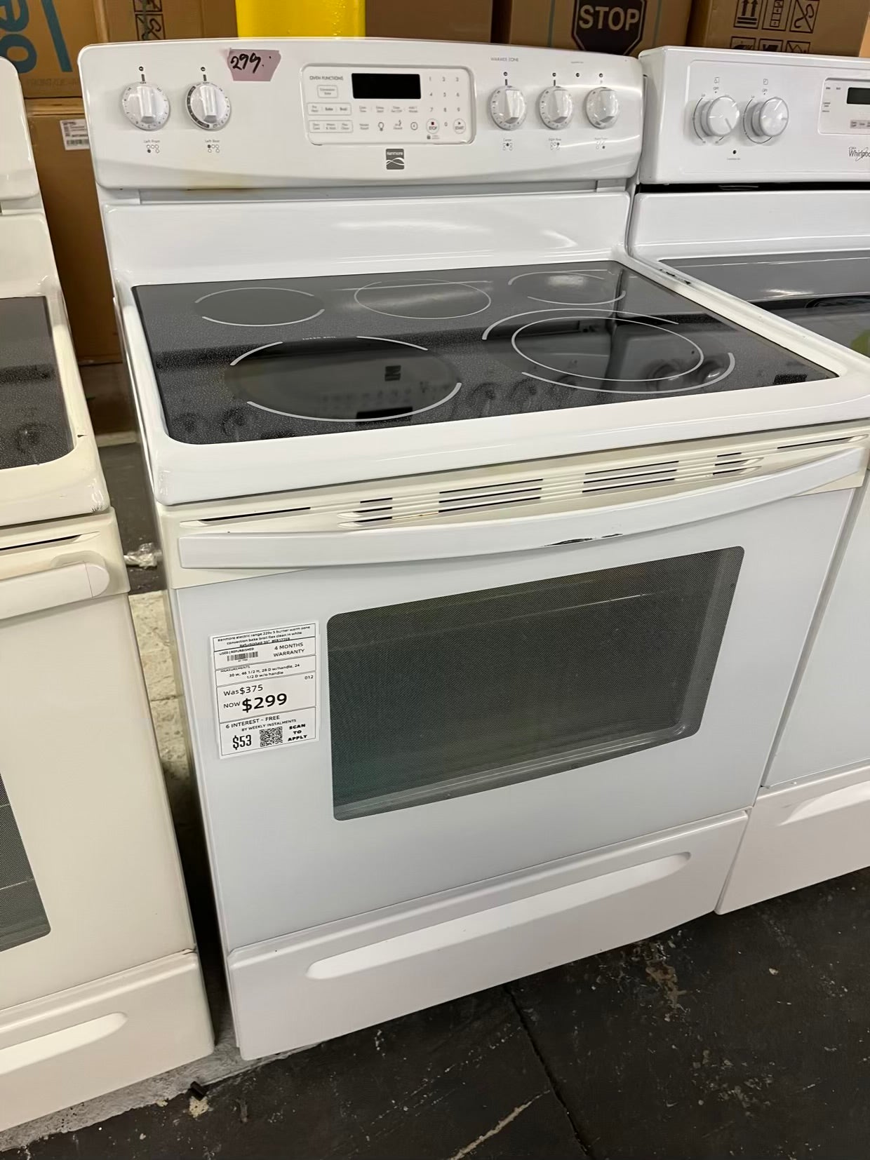 Kenmore electric range 220v 5 burner warm zone convection bake broil flex clean in white Refurbished 30" #ER177EB