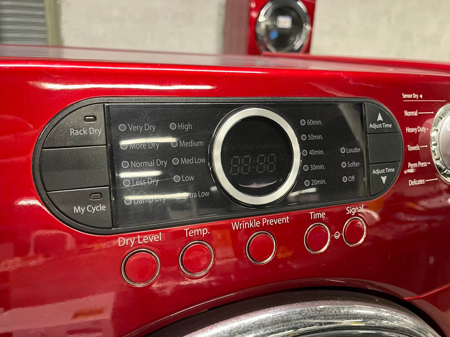 Samsung Dryer electric 220v in red front load w/pedestal extra storage stainless steel drum large capacity 27" refurbished #ED343SB