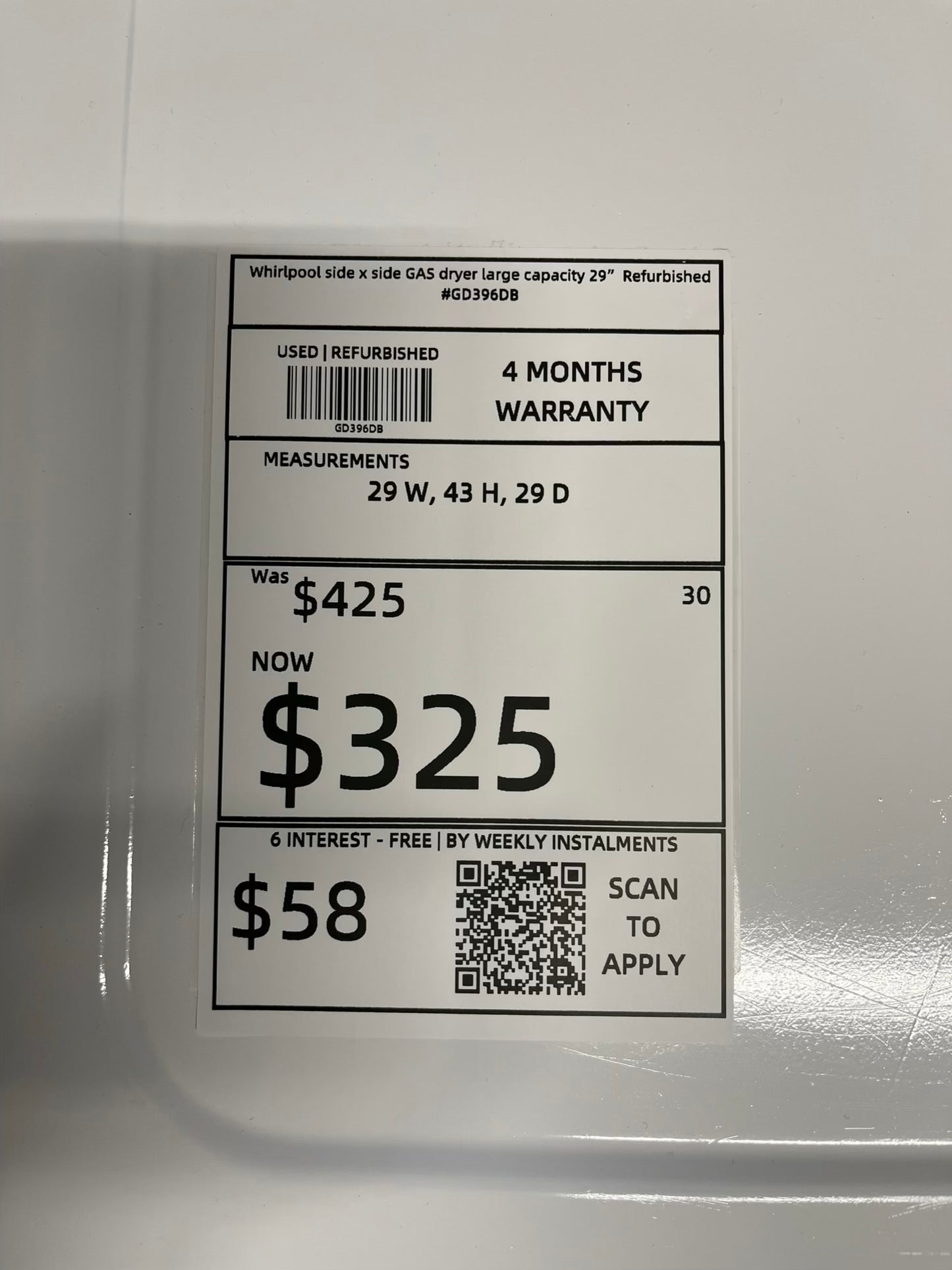 Whirlpool side x side GAS dryer large capacity 29" Refurbished #GD396DB