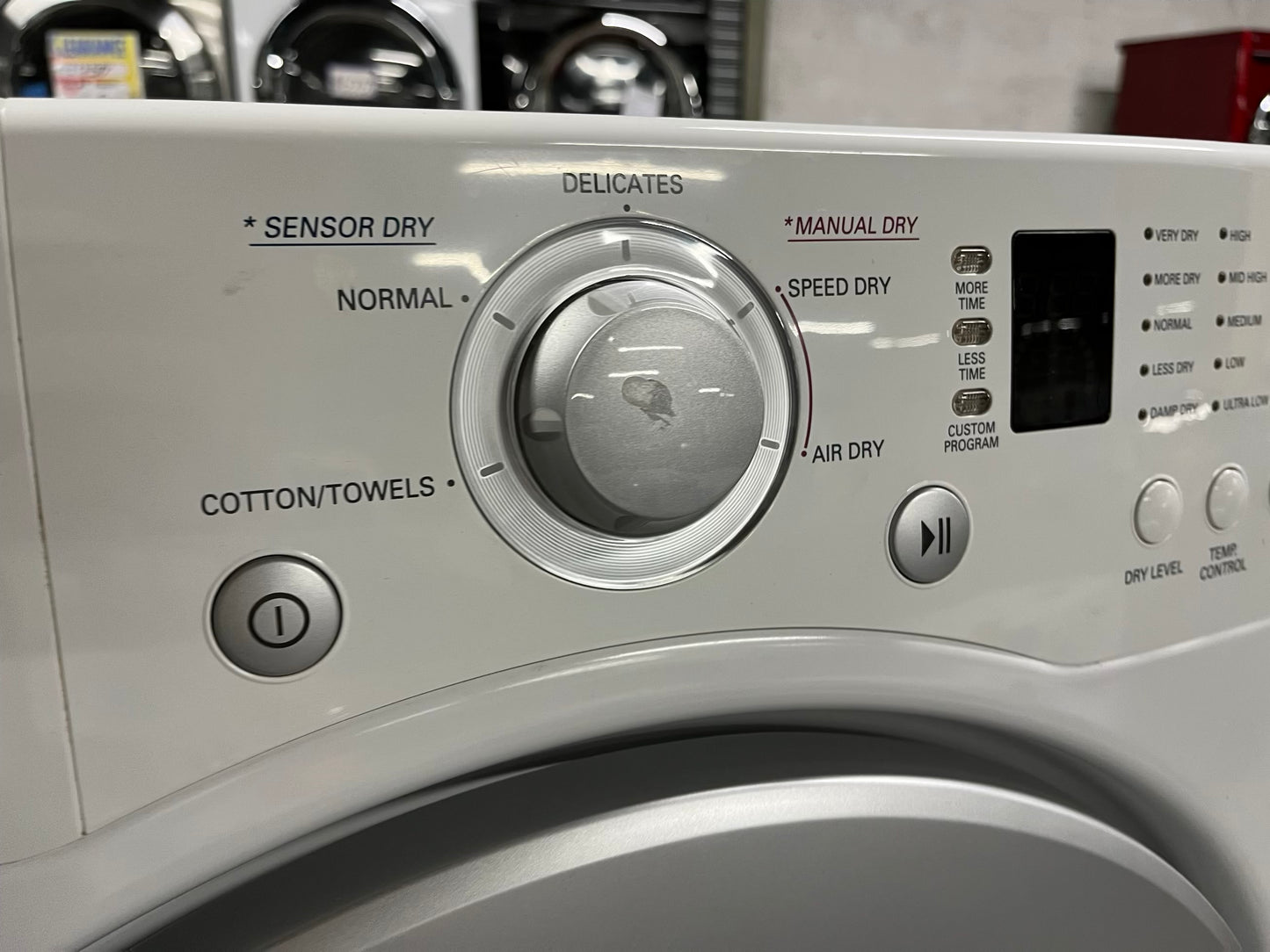 LG Dryer electric 220v in white front load w/pedestal extra storage stainless steel drum large capacity 27" refurbished #ED341AB
