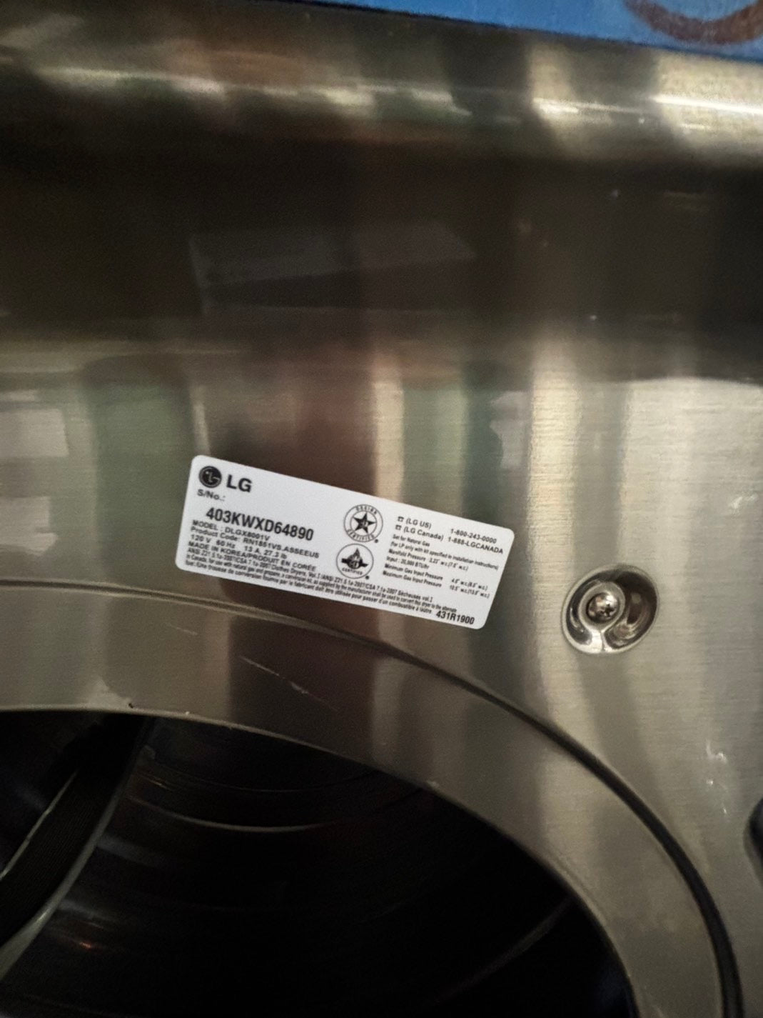 LG gas steam Dryer 29” mega capacity -gray front load w/pedestal extra storage stainless steel drum large capacity used- refurbished #GD339WB