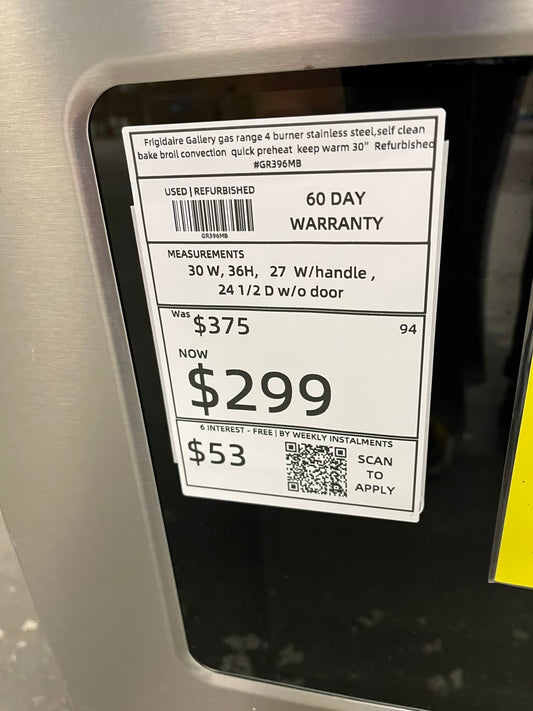 Frigidaire Gallery slide-in gas range 4 burner stainless steel, self clean bake broll convection 30" Refurbished #GR396MB