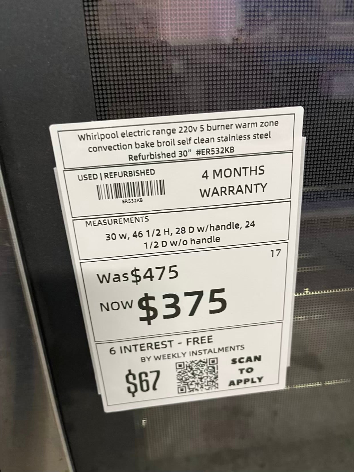 Whirlpool electric range 220v 5 burner warm zone convection bake broil self clean stainless steel Refurbished 30" #ER532KB
