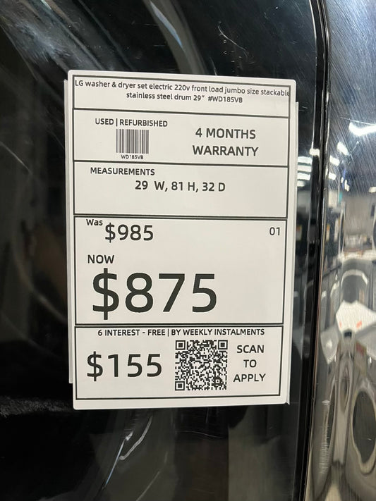 -LG washer & dryer set electric 220v front load jumbo size stackable stainless steel drum 29" #WD185VB Refurbished