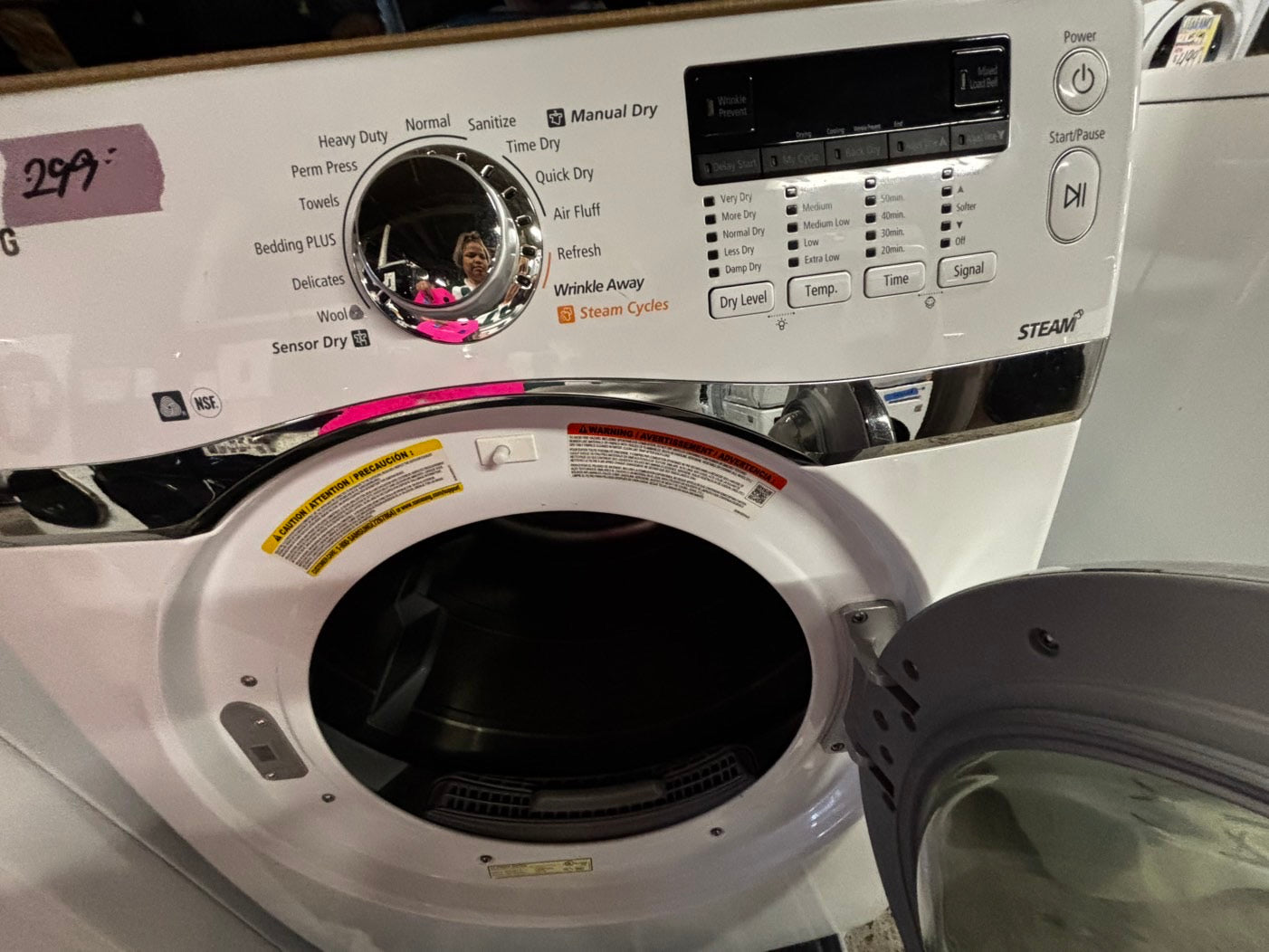 -Samsung Dryer steam electric 220v in white front load w/pedestal extra storage stainless steel drum large capacity 27" refurbished #ED3233VB