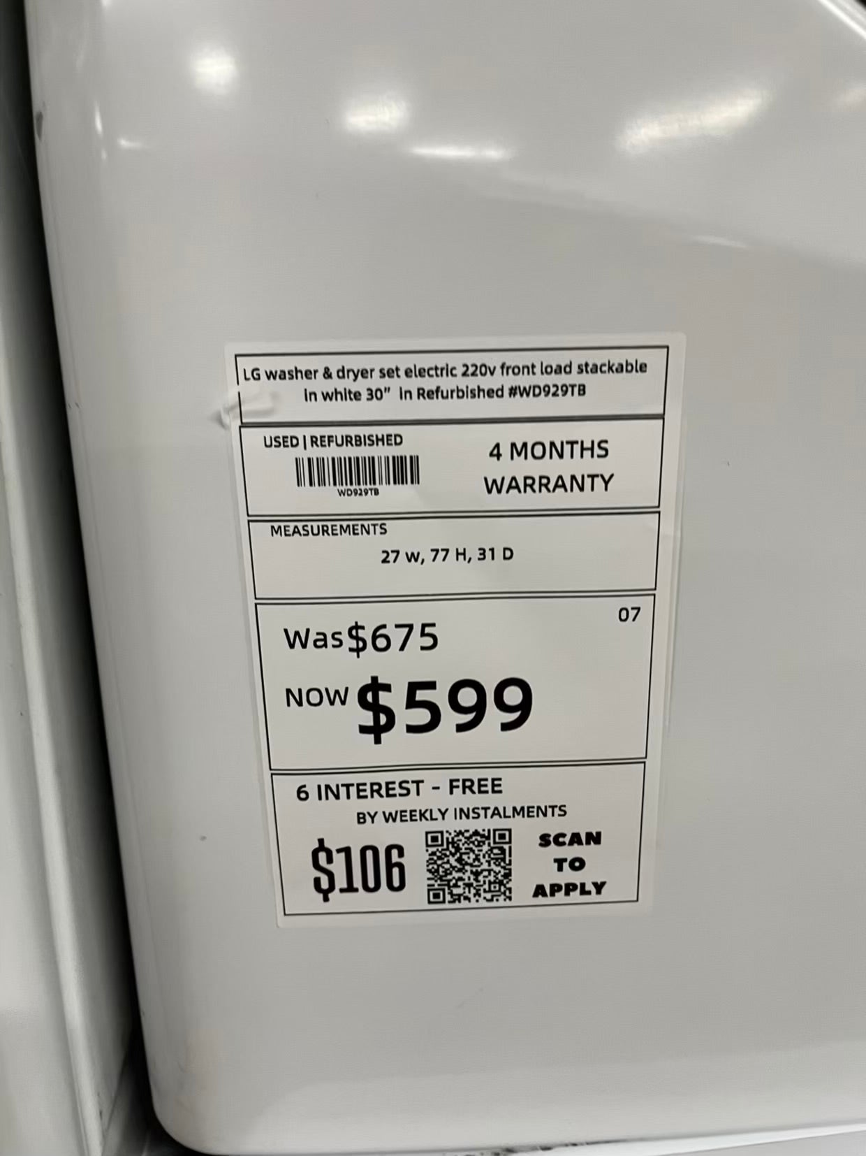 LG washer & dryer set electric 220v front load stackable In white 30" In Refurbished #WD929TB