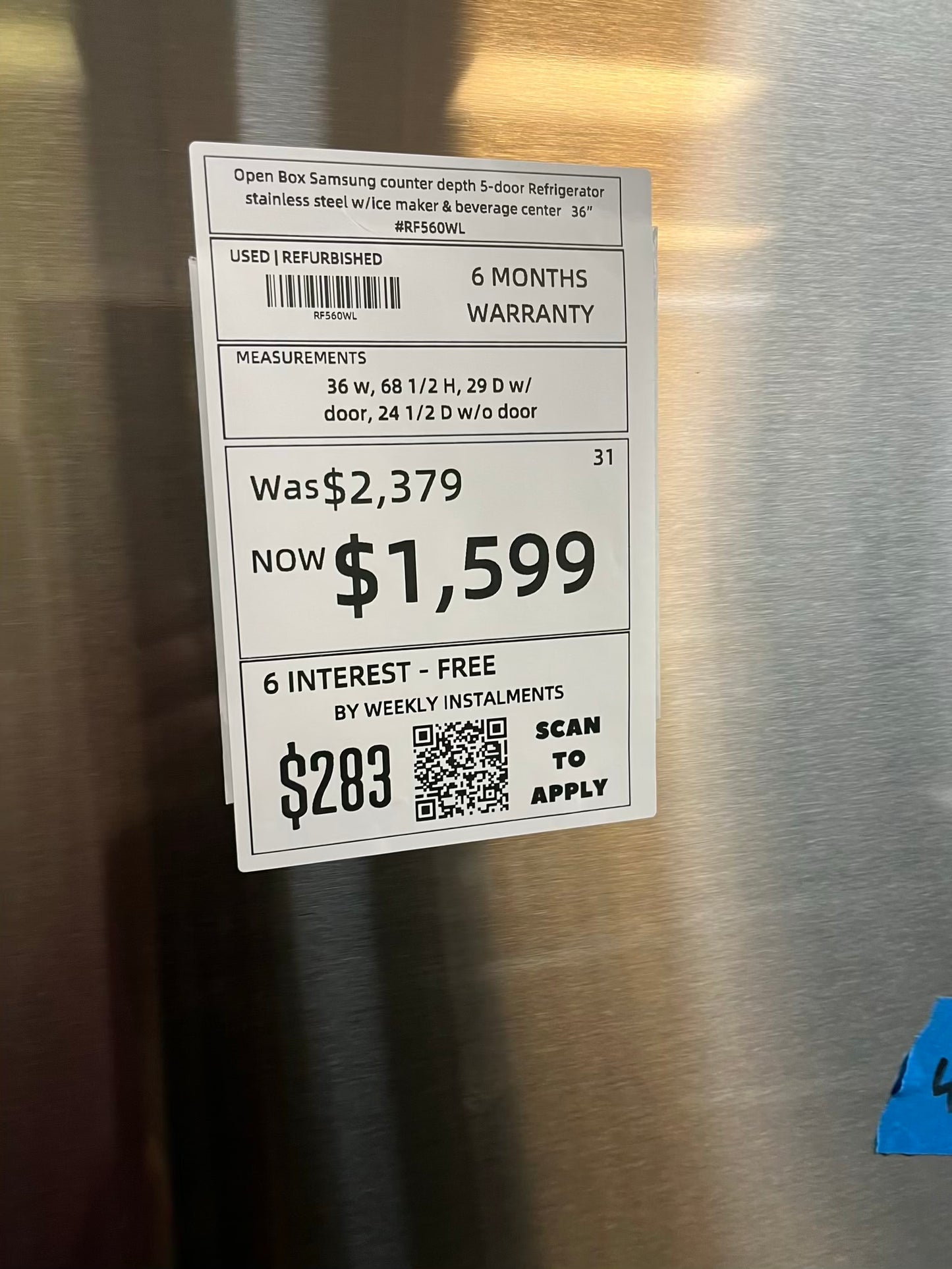 Open Box Samsung counter depth 5-door Refrigerator stainless steel w/ice maker & beverage center 36" #RF560WL