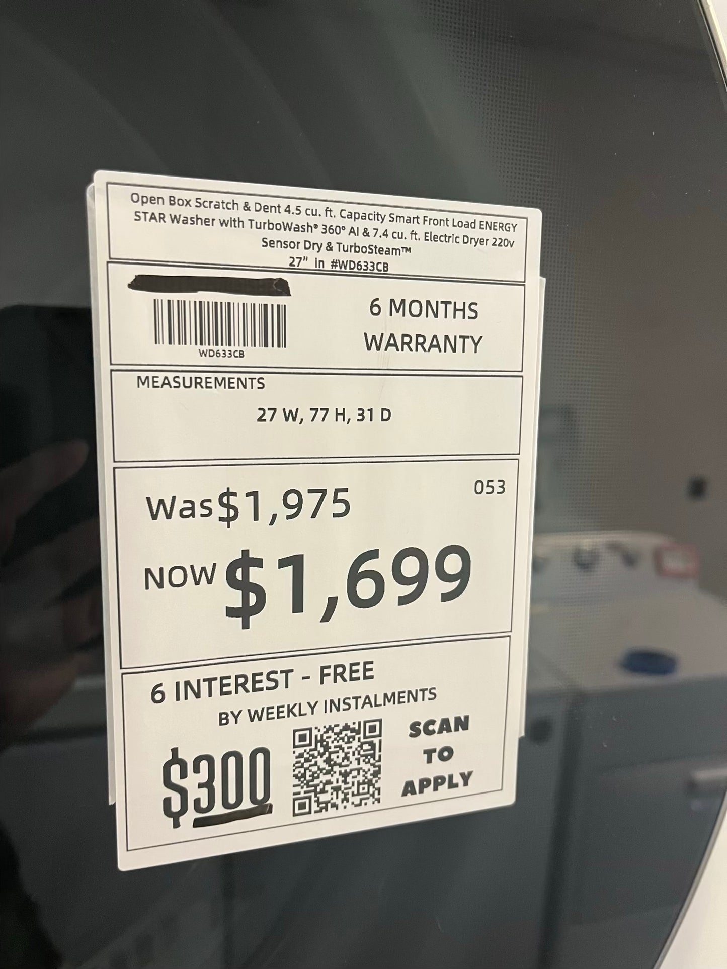 - Open Box Scratch & Dent 4.5 cu. ft. Capacity Smart Front Load ENERGY STAR Washer with TurboWash® 360° Al & 7.4 cu. ft. Electric Dryer 220v Sensor Dry & TurboSteam™ 27" In #WD633CB