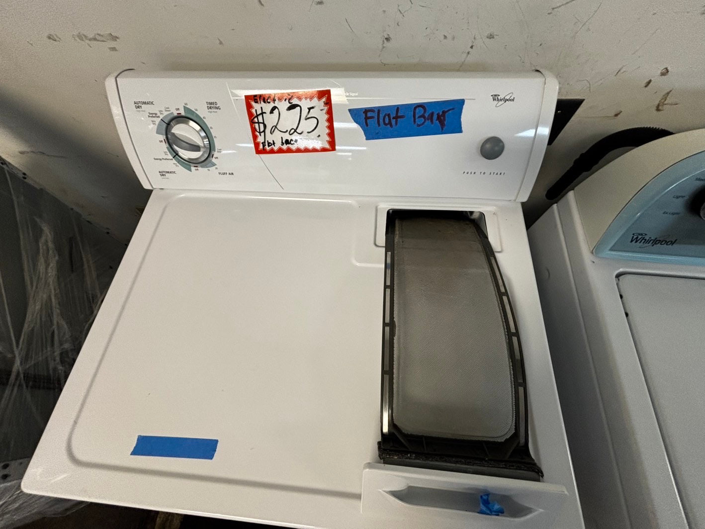 Whirlpool Top load flat back 25 depth electric 220v dryer side x side #DELF23L