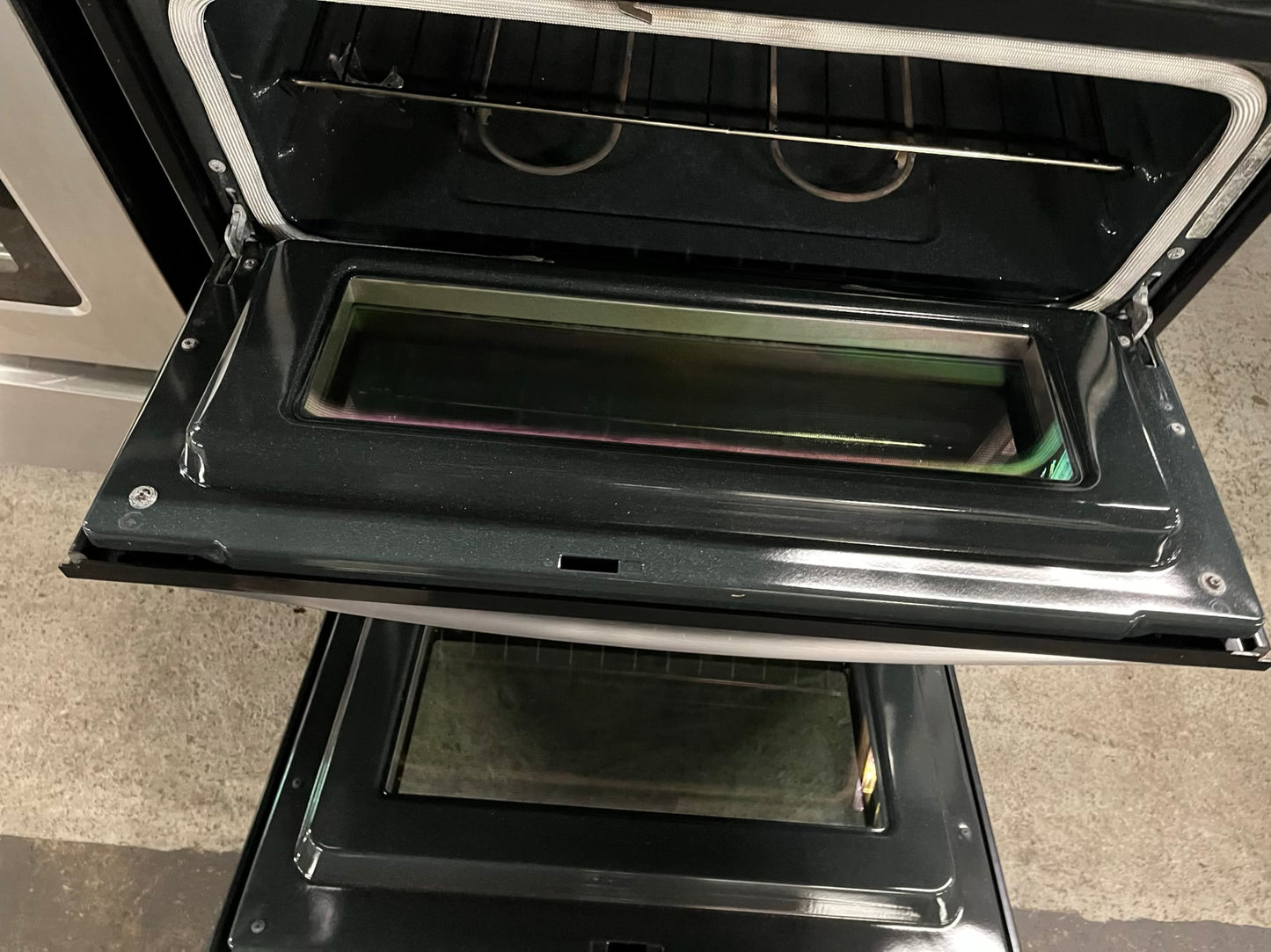 - Whirlpool glass top electric range 220v 5 burner warm zone bake broil steam clean Refurbished double oven stainless steel 30" #ER327HB