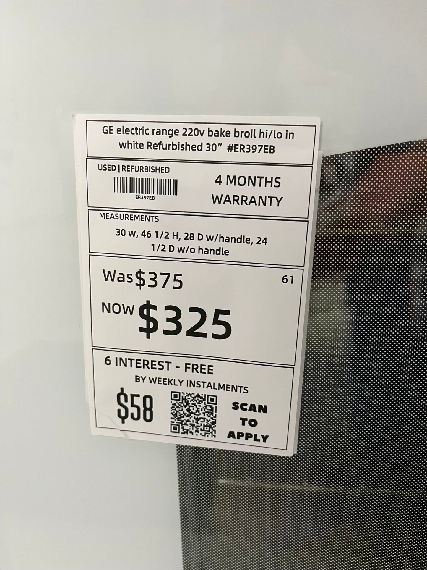 GE electric range 220v bake broil hi/lo in white Refurbished 30" #ER397EB