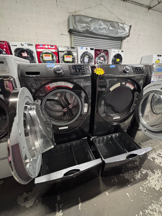 >Samsung front load washer & dryer set electric 220v large capacity with pedestals in black stainless steel 27” #WD3Z74B
