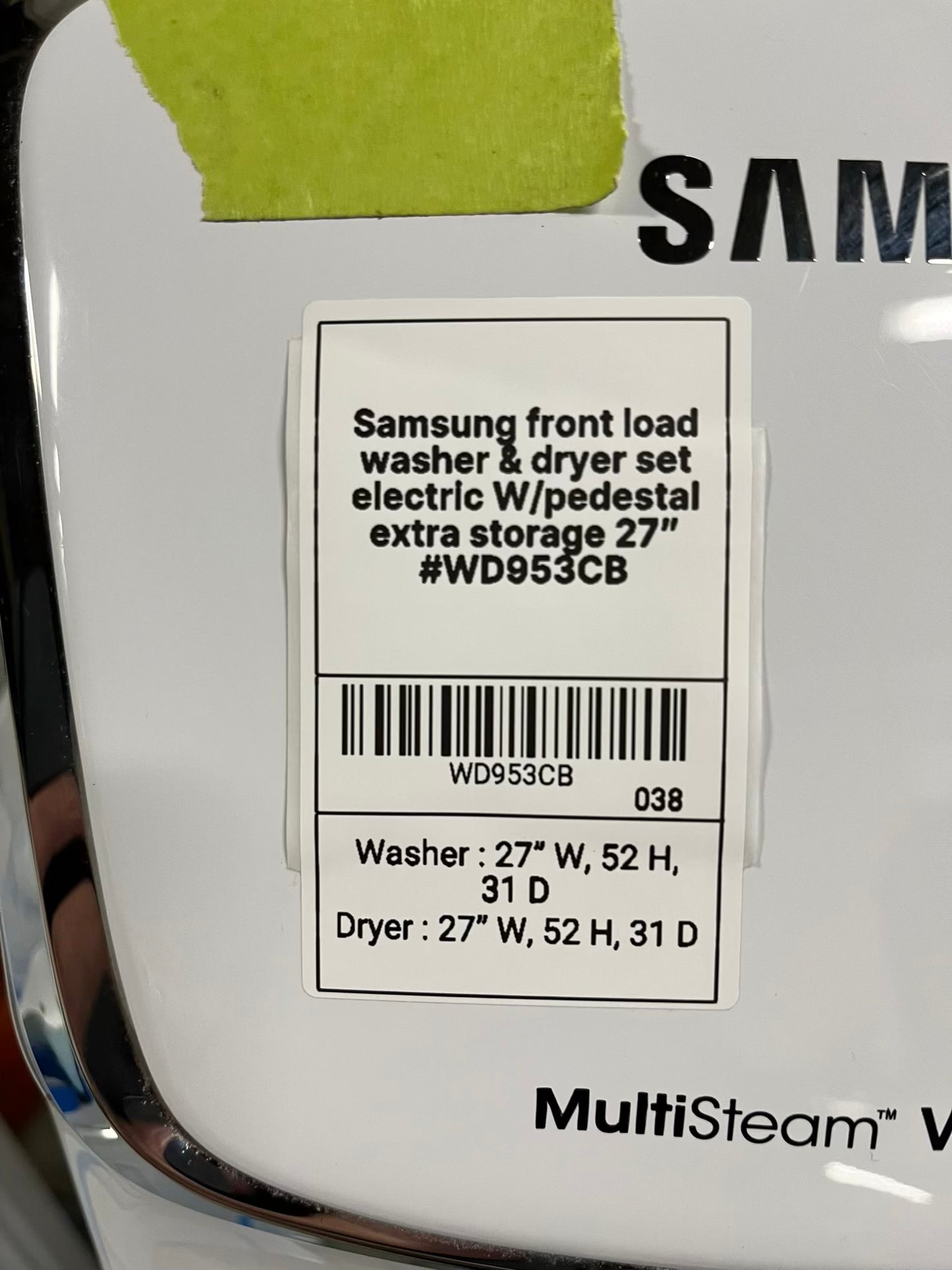 -Samsung front load washer & dryer set electric W/pedestal extra storage 27" #WD953CB